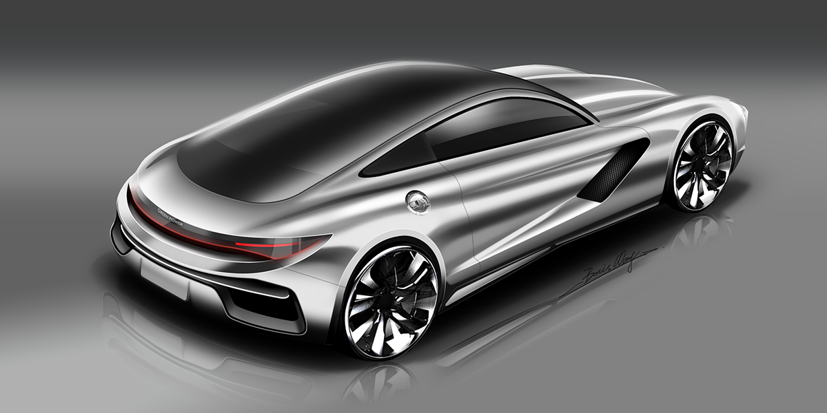 silver，Sports car，Concept Car，vehicle，Render，Hand drawn，new energy，photoshop，