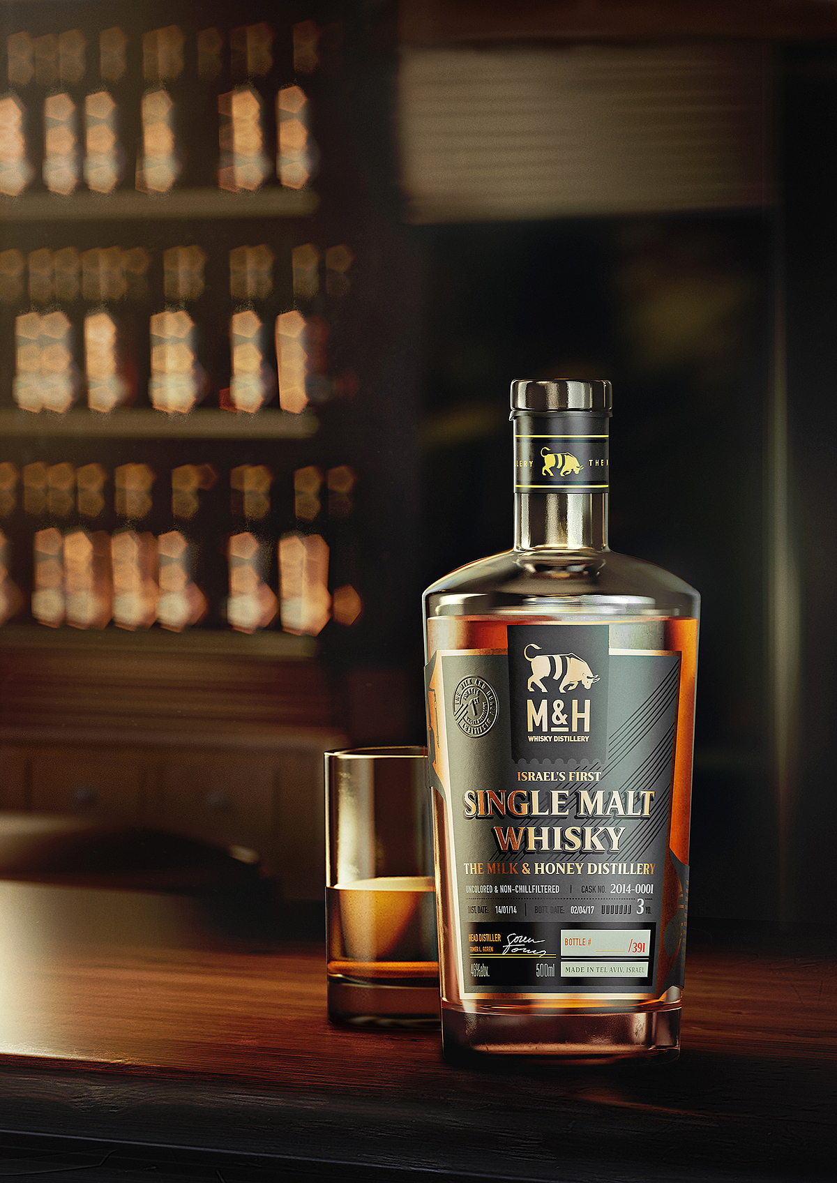 玻璃，包装设计，M&H Whisky，