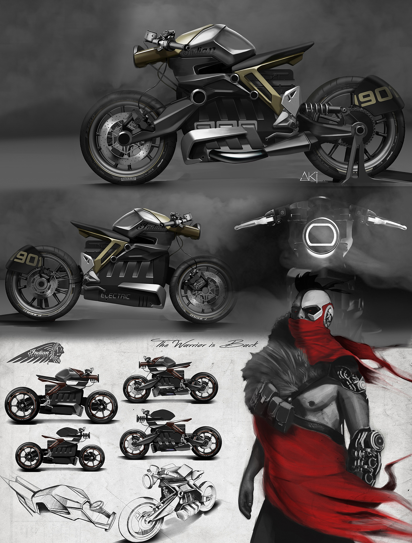 手绘，摩托车，渲染，