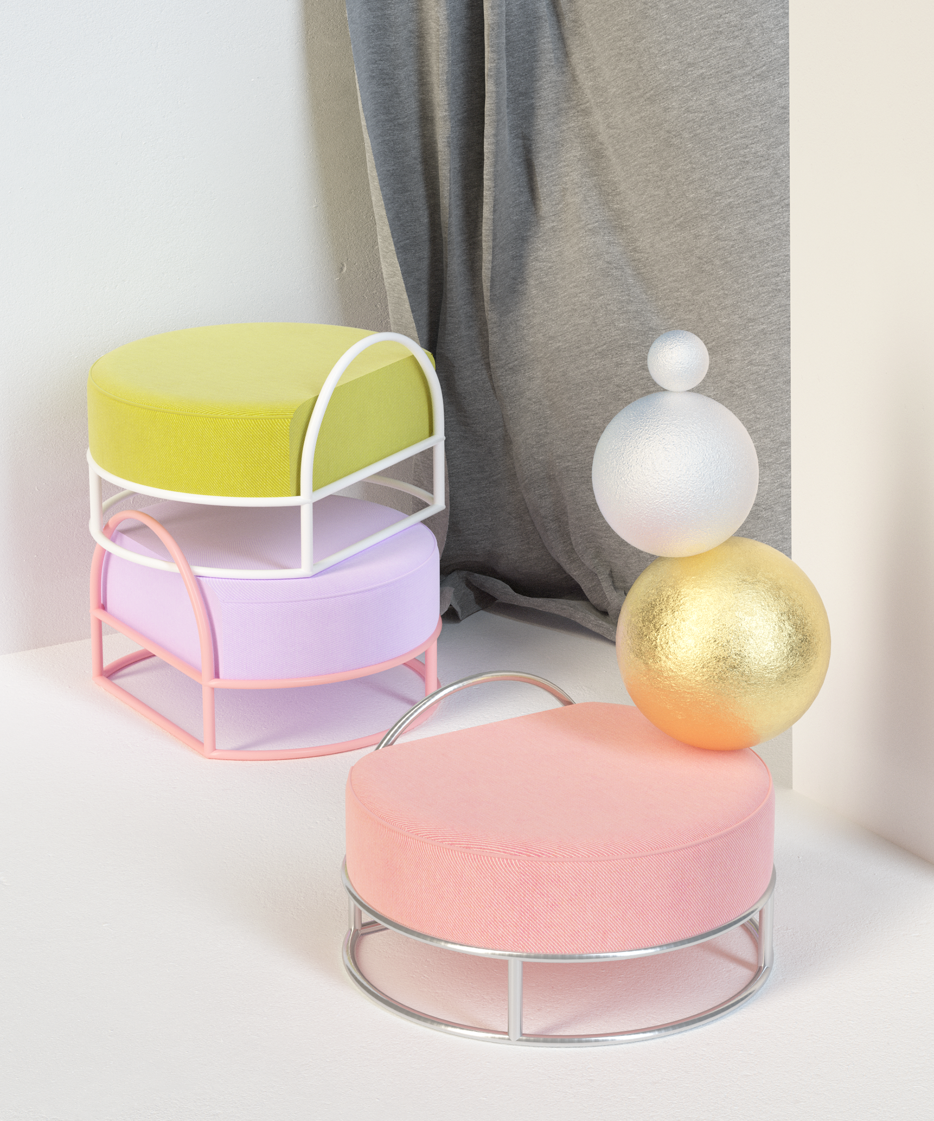 NEW BAUHAUS，Coffee table, pouf, shelf，industrial design，illustration，furniture design ，