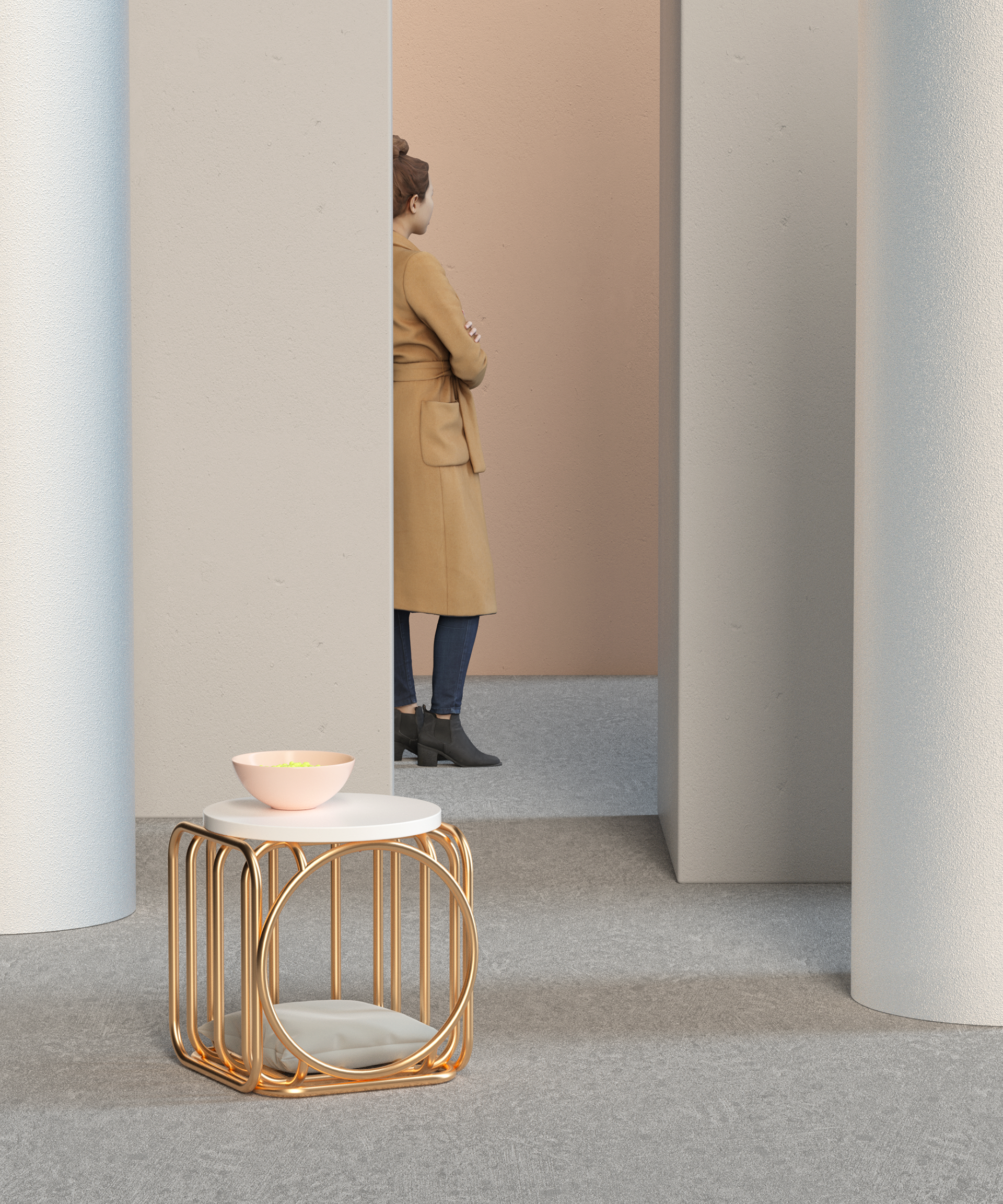 NEW BAUHAUS，Coffee table, pouf, shelf，industrial design，illustration，furniture design ，