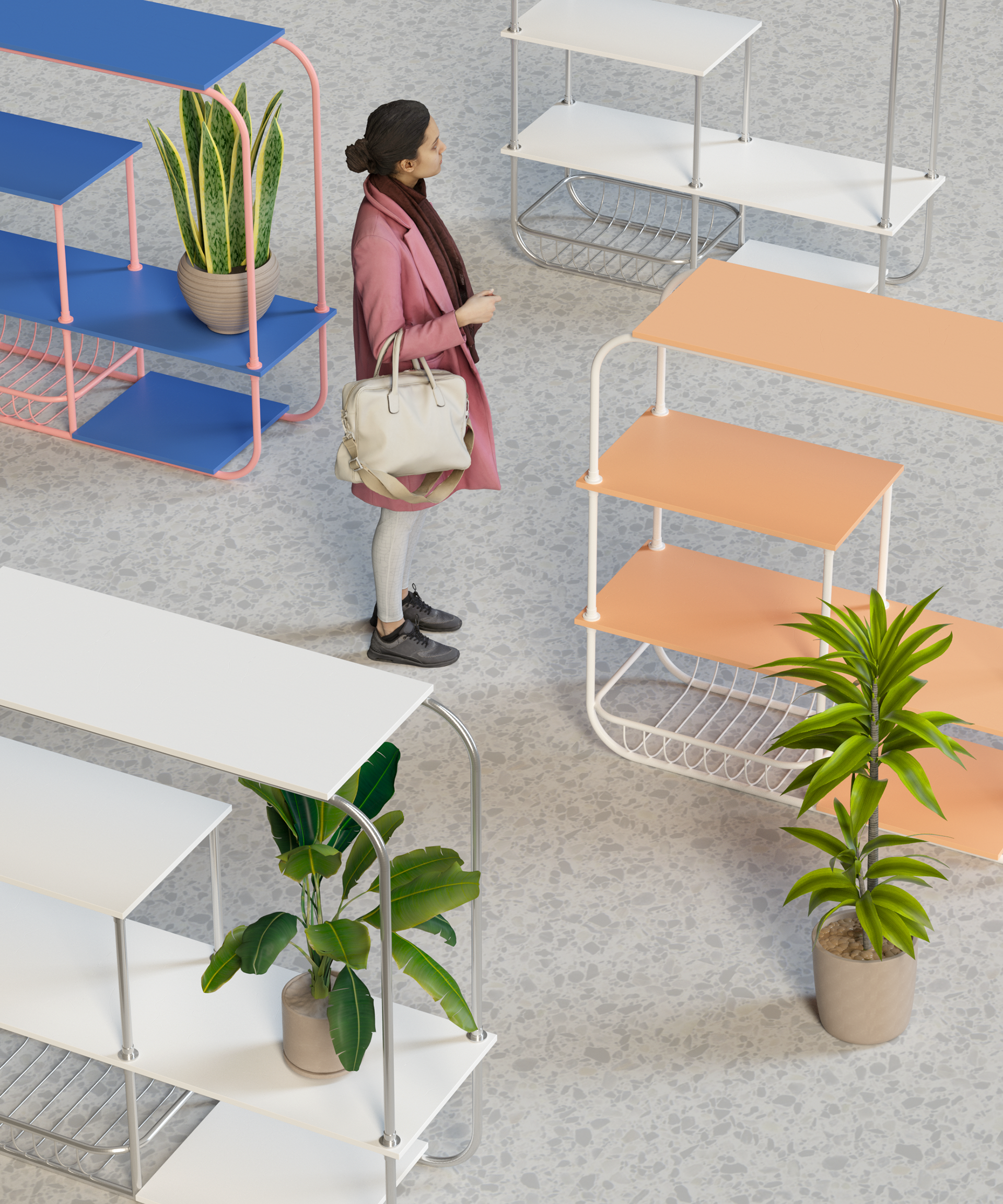 NEW BAUHAUS，Coffee table, pouf, shelf，industrial design，illustration，furniture design ，