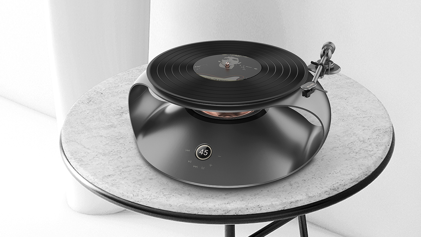 Product modeling design，Sense of science and technology，Ethereal feeling，Ritual sense，superior quality，Simplicity，industrial design，Design of vinyl record player，