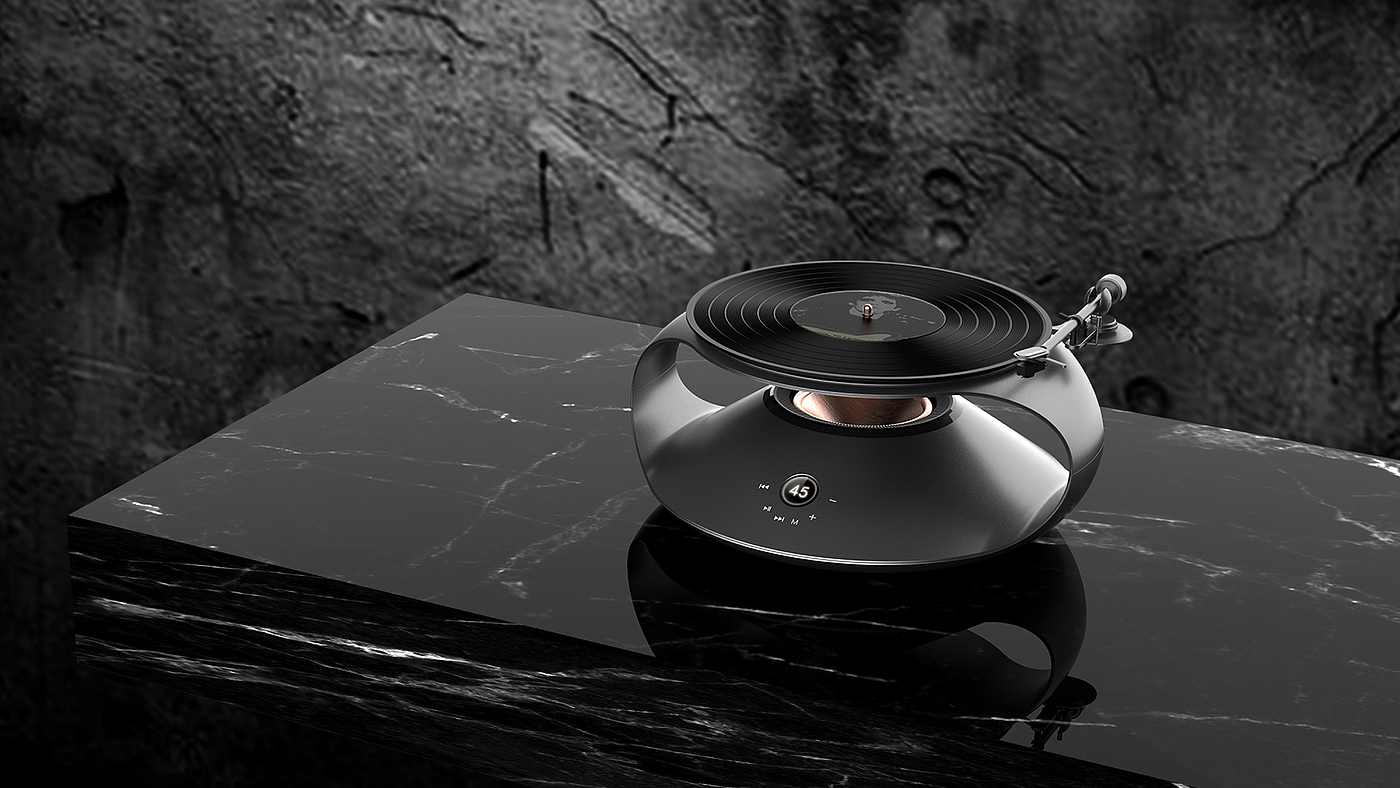 Product modeling design，Sense of science and technology，Ethereal feeling，Ritual sense，superior quality，Simplicity，industrial design，Design of vinyl record player，