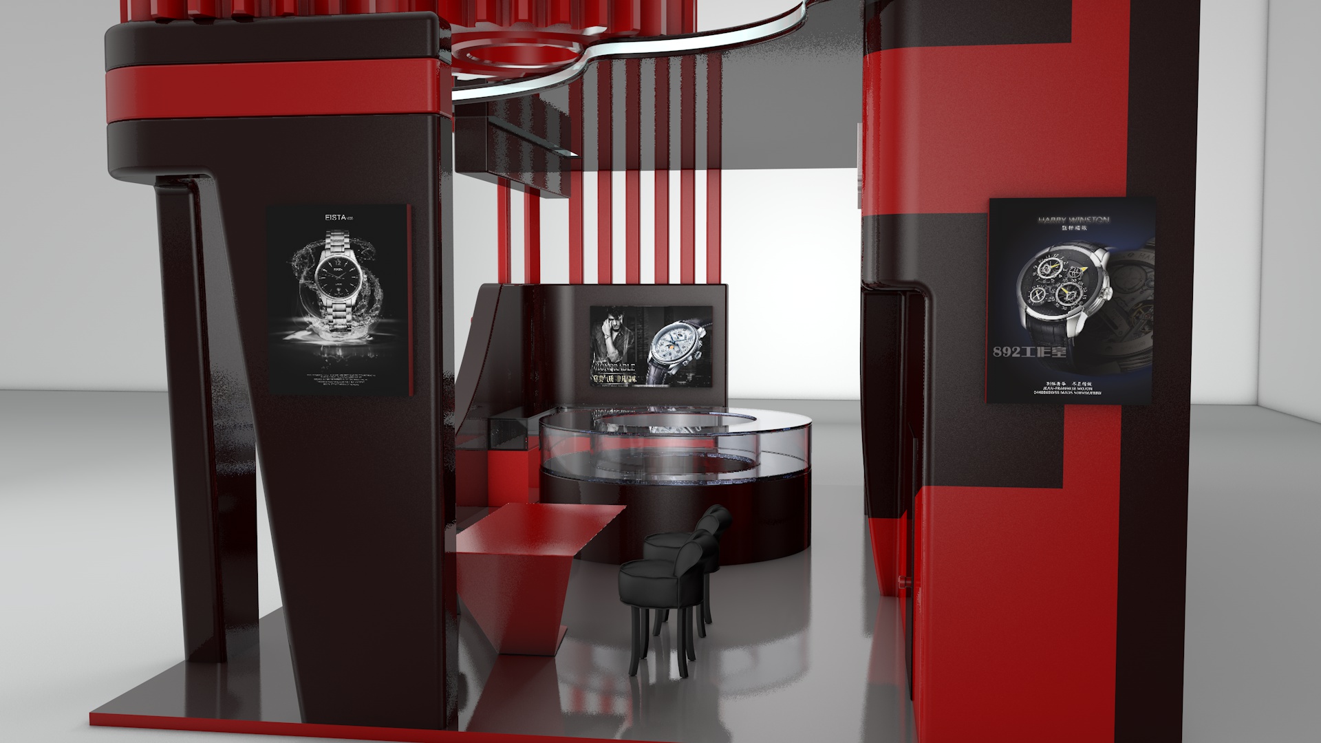 Architecture，Exhibition hall design，Display design，Wrist watch，Exhibition hall，Black and red，Wrist watch，
