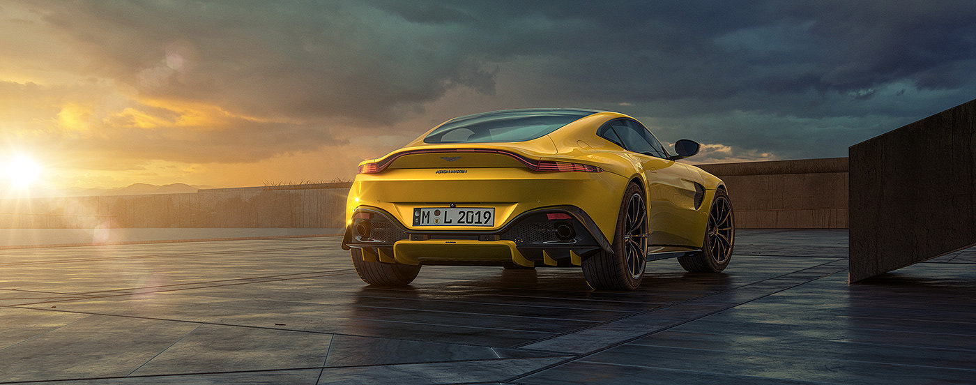 CGI图像，黄色，汽车设计，Aston Martin Vantage，
