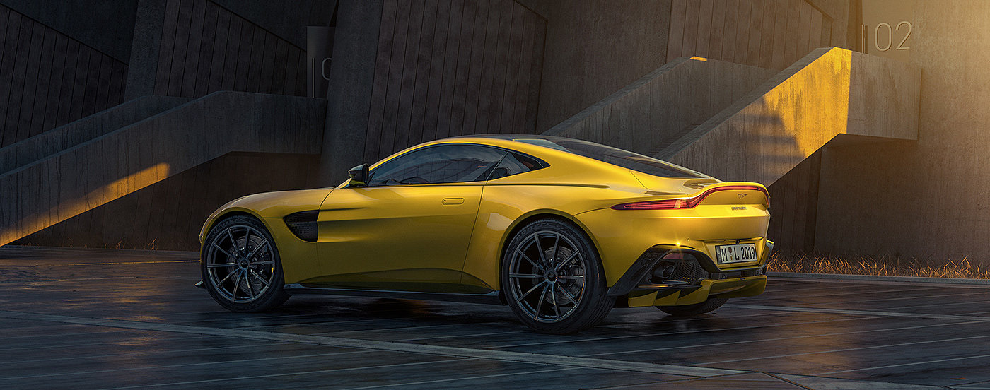 CGI图像，黄色，汽车设计，Aston Martin Vantage，