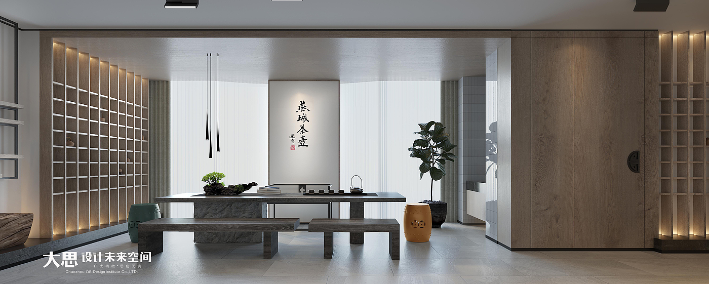Interior design，Display space，Buddhist mood，Hand drawn pot，