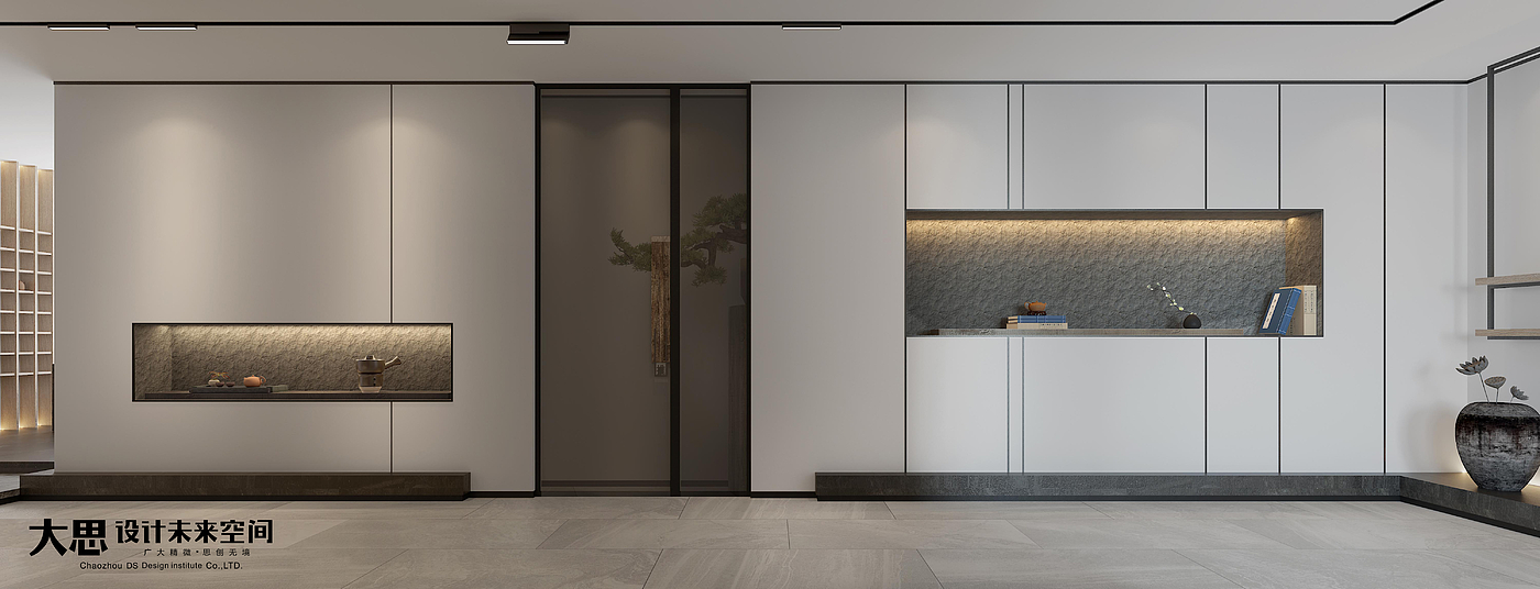 Interior design，Display space，Buddhist mood，Hand drawn pot，