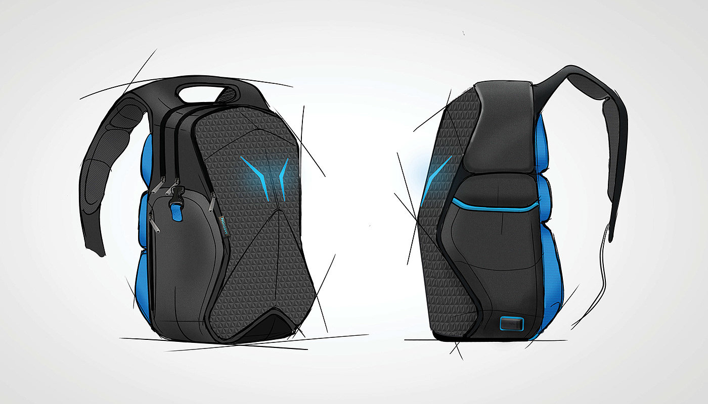 Gaming backpack，手绘，背包设计，黑色，