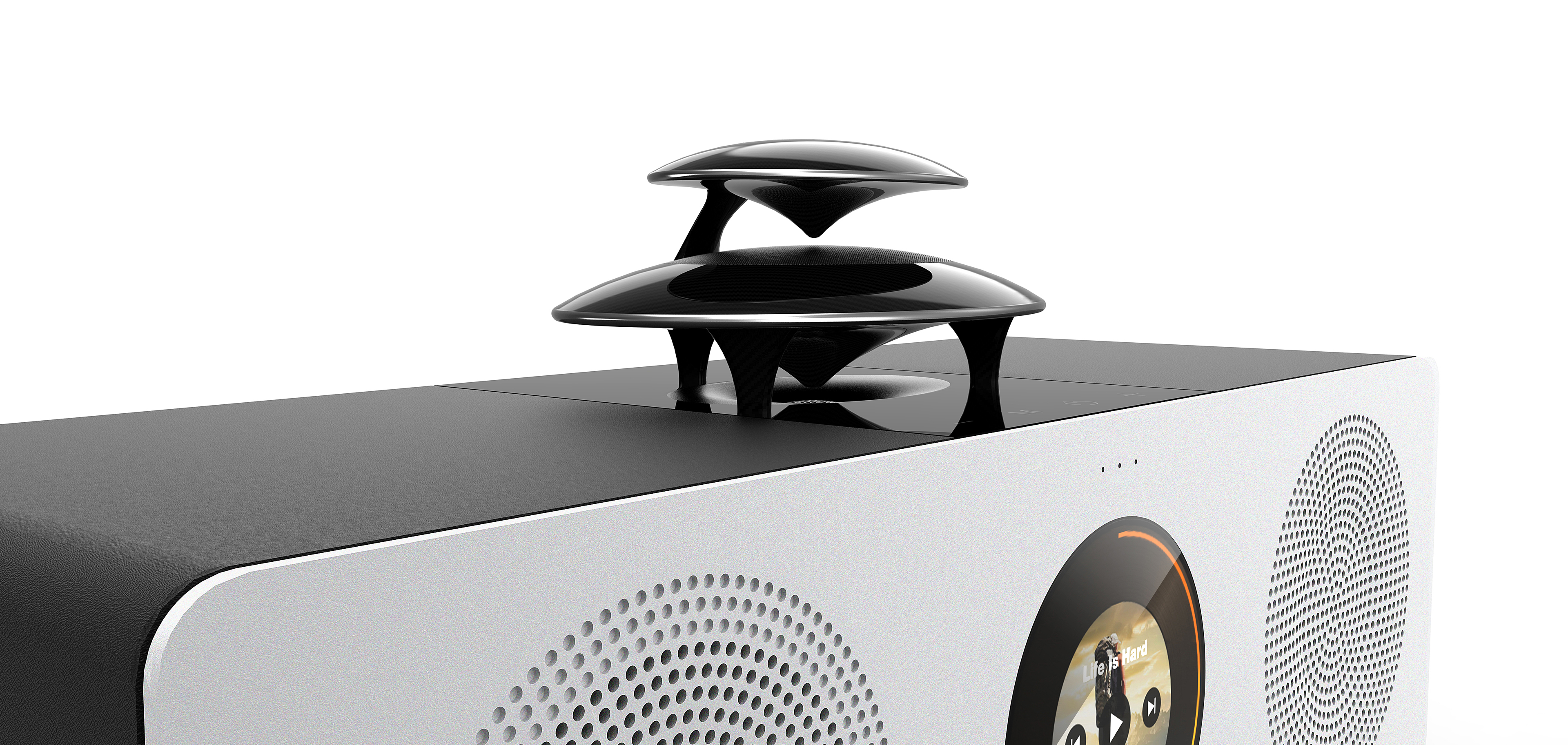 2.0 stereo，Double layer treble design，Round screen design，Advanced black and white gray design，Aluminum plate alloy process，Mesh design of audio aluminum plate，360 ° diffuse treble，