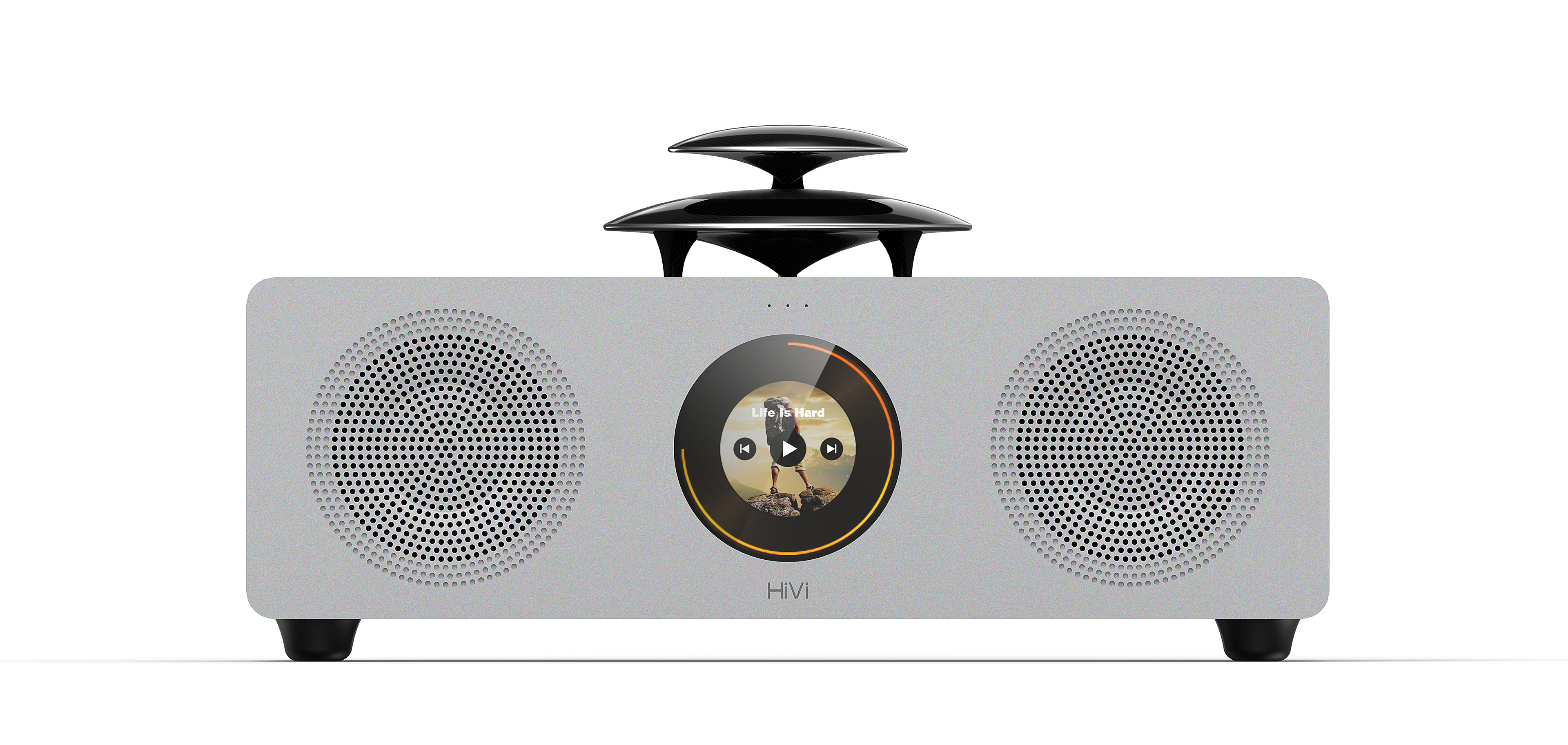 2.0 stereo，Double layer treble design，Round screen design，Advanced black and white gray design，Aluminum plate alloy process，Mesh design of audio aluminum plate，360 ° diffuse treble，