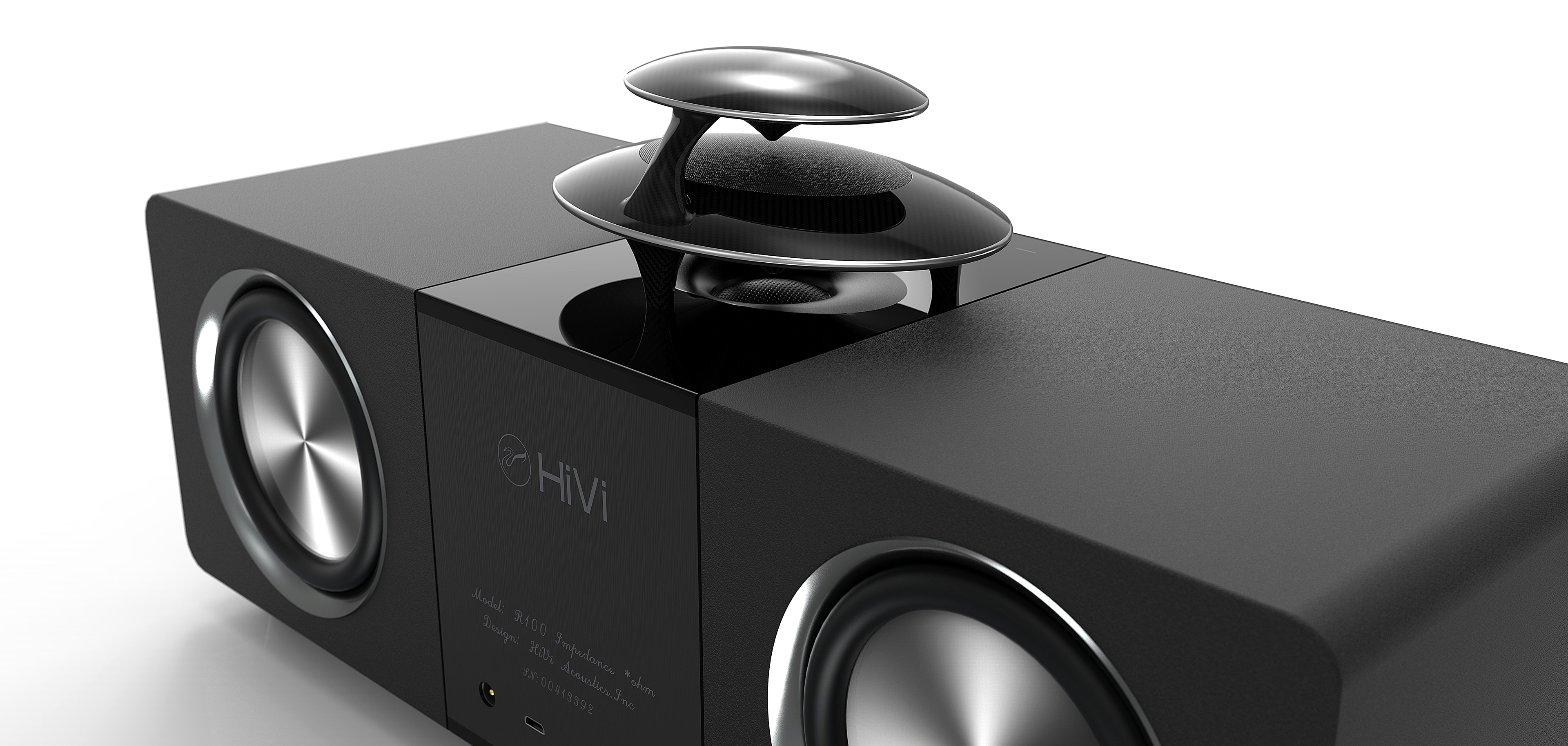 2.0 stereo，Double layer treble design，Round screen design，Advanced black and white gray design，Aluminum plate alloy process，Mesh design of audio aluminum plate，360 ° diffuse treble，