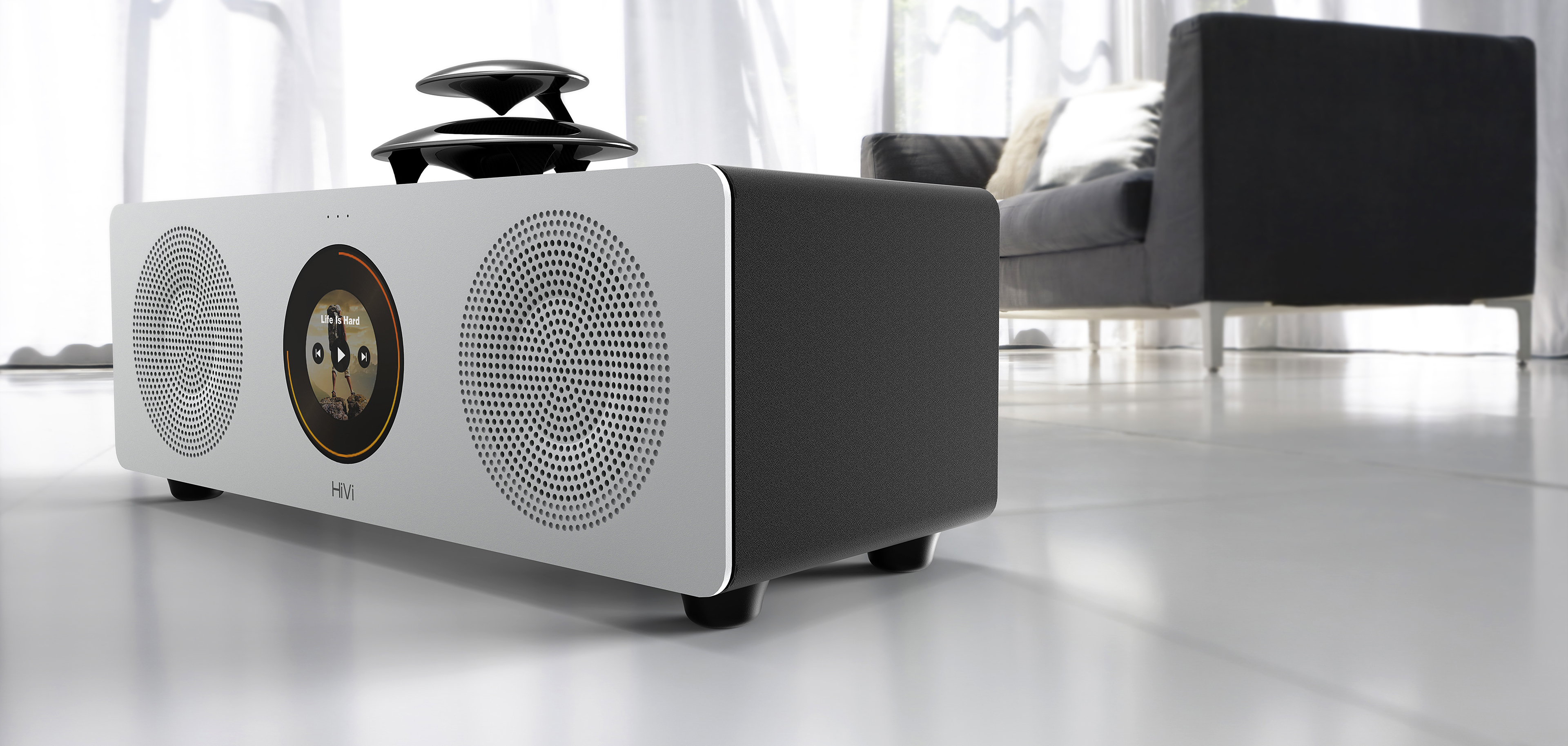 2.0 stereo，Double layer treble design，Round screen design，Advanced black and white gray design，Aluminum plate alloy process，Mesh design of audio aluminum plate，360 ° diffuse treble，