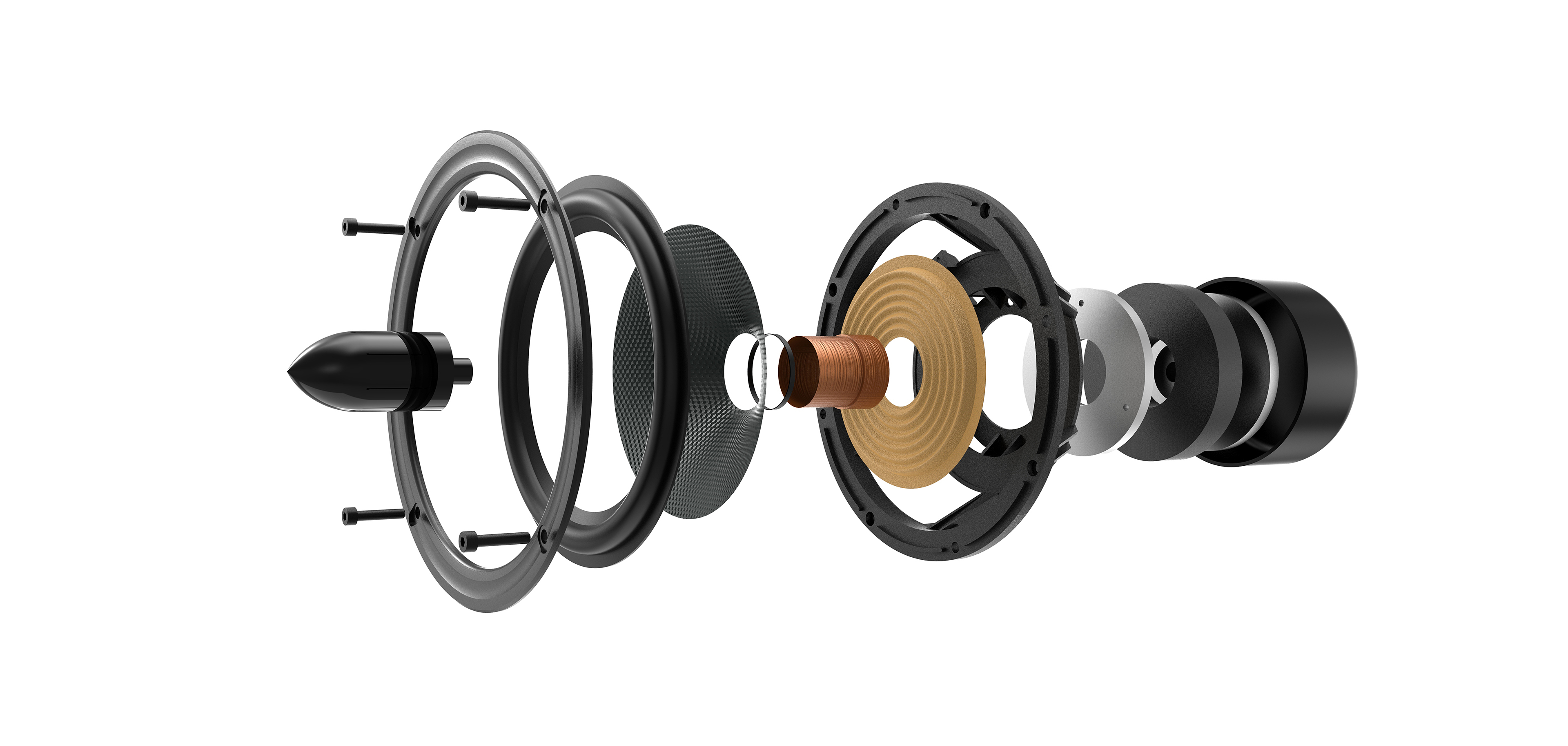 Log solid wood design，Three frequency division design，Explosion diagram，Audio hand drawing，Exploded view of horn unit，