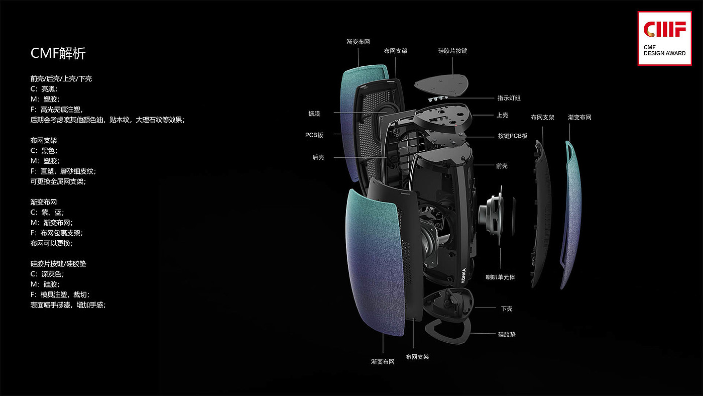 智能音箱，色彩，表面处理，工艺，材料，工页设计，cmf，康佳电子科技，