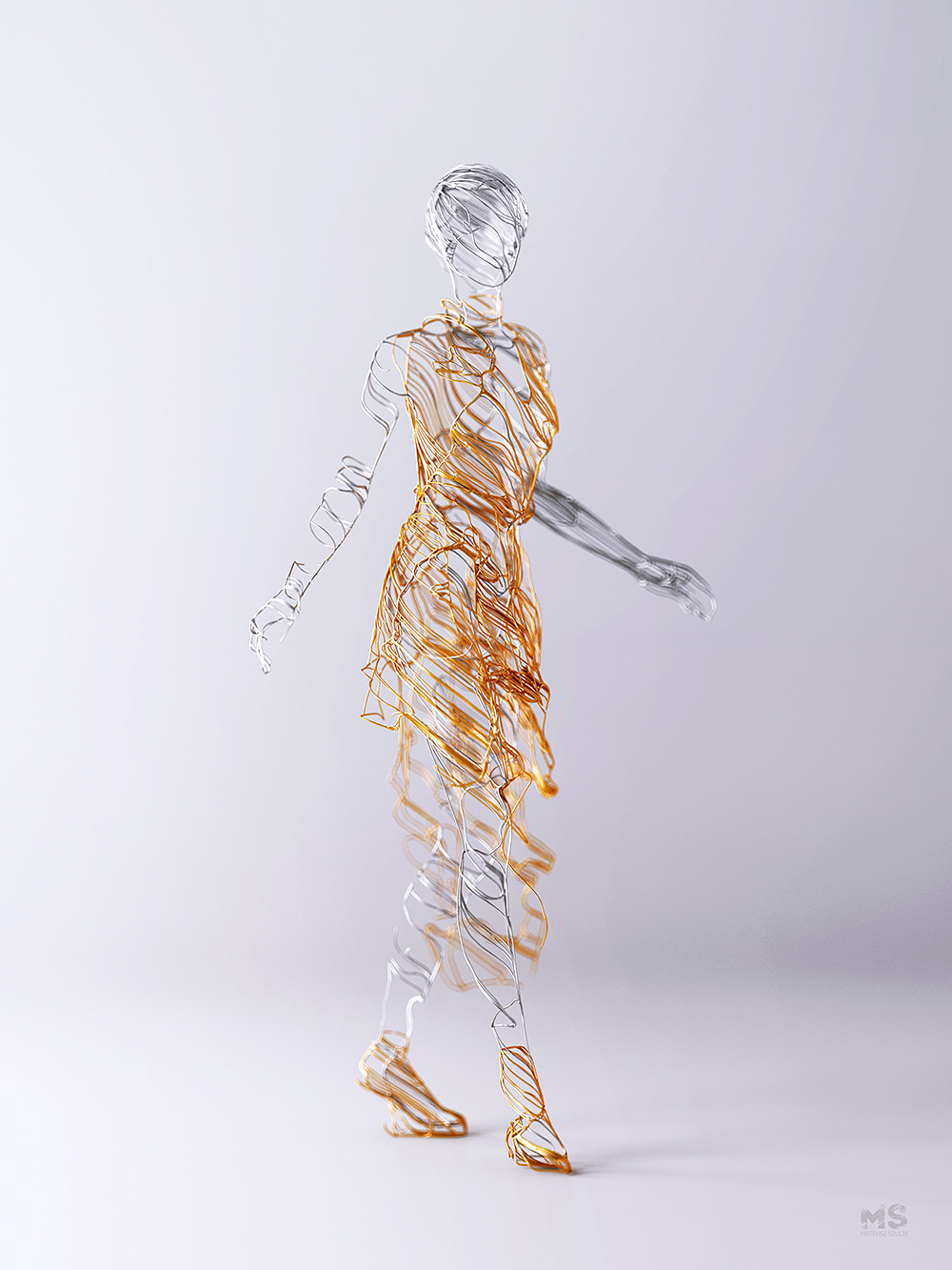 wire，Sculpture，gold and silver，line，animal，