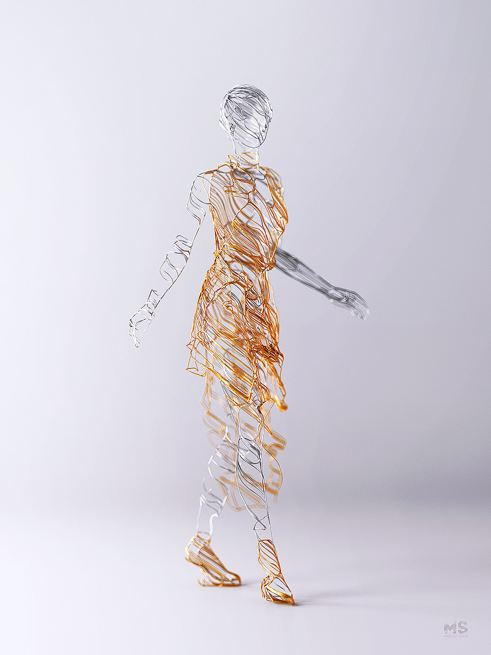 wire，Sculpture，gold and silver，line，animal，