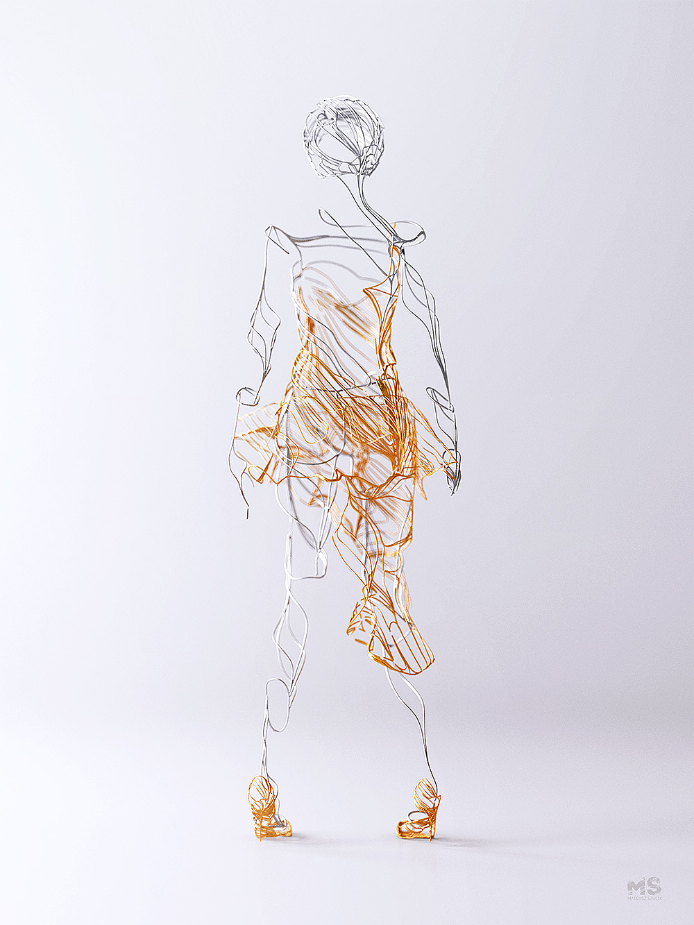 wire，Sculpture，gold and silver，line，animal，