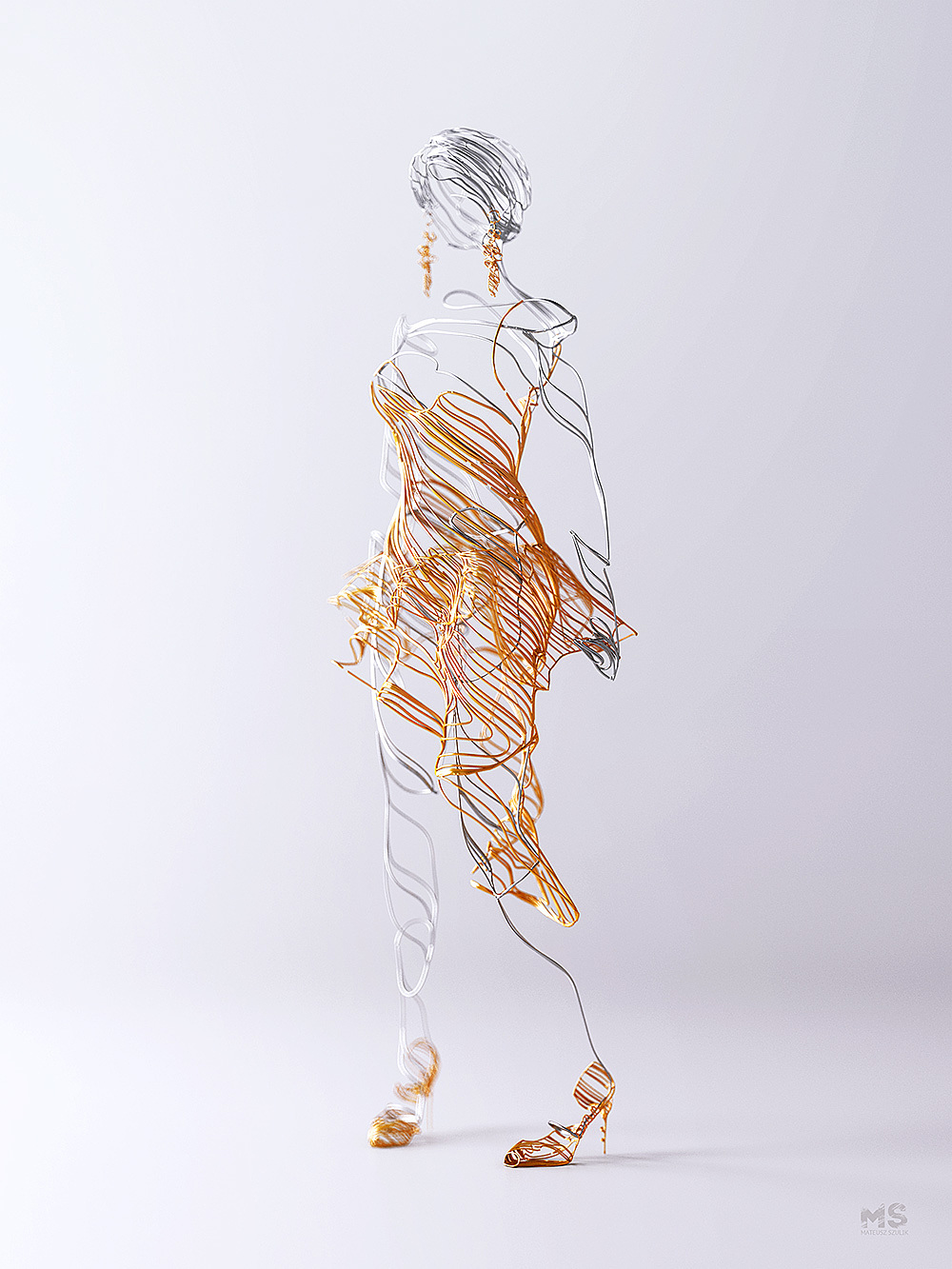 wire，Sculpture，gold and silver，line，animal，