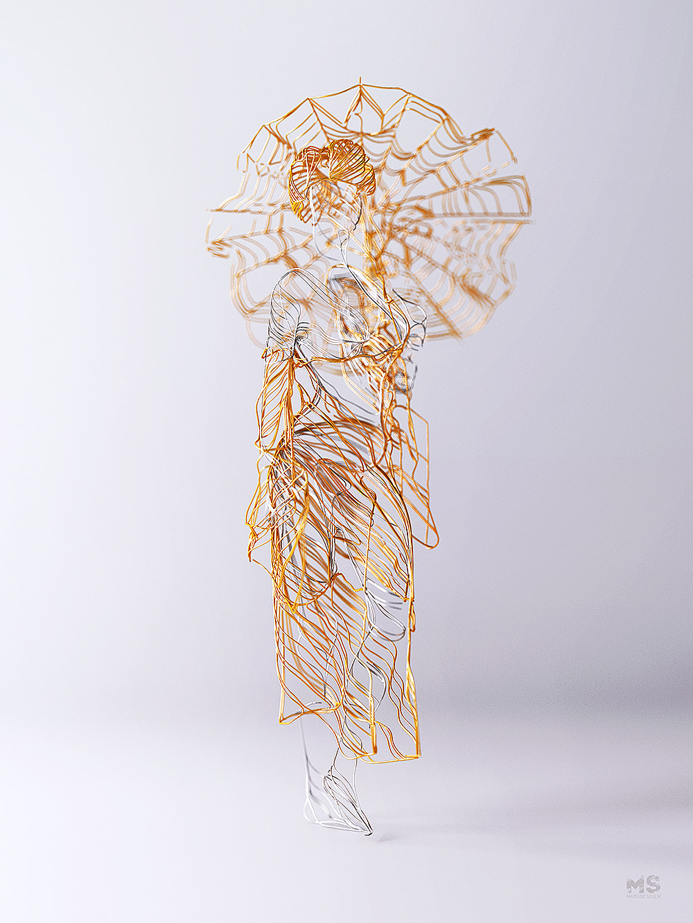 wire，Sculpture，gold and silver，line，animal，