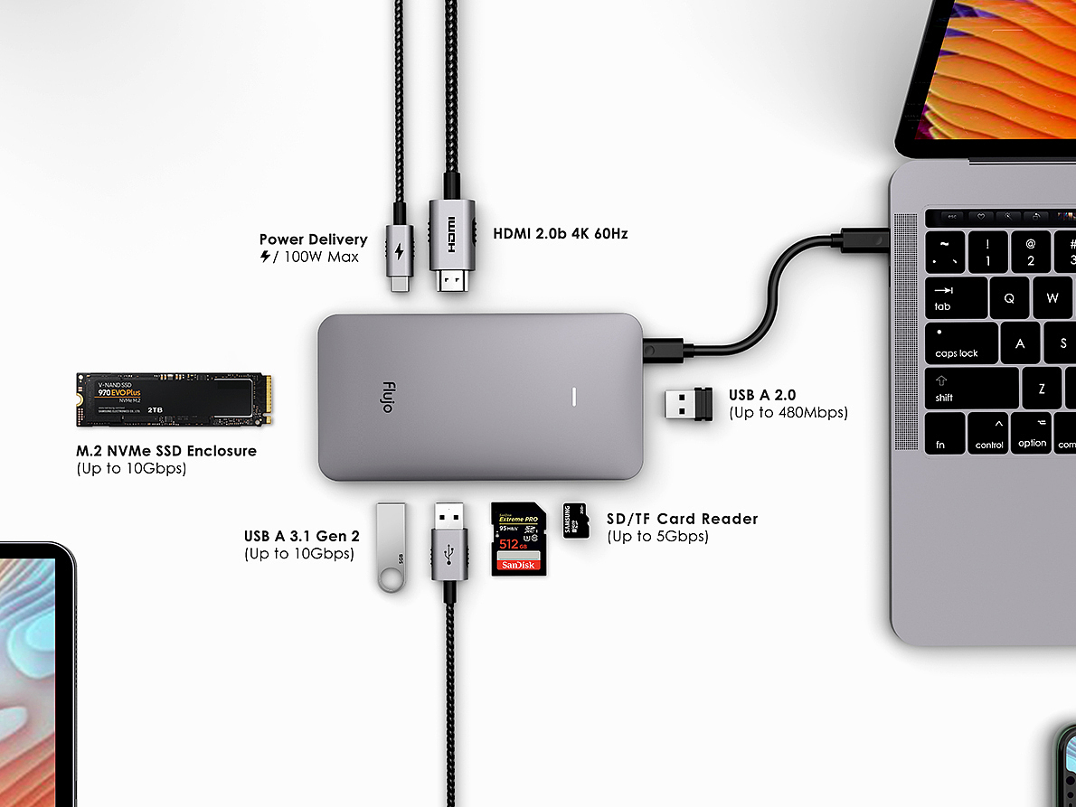 M.2 NVMe SSD，HDMI 4K 60Hz，Power Delivery 100W，USB 3.1 Gen 2，