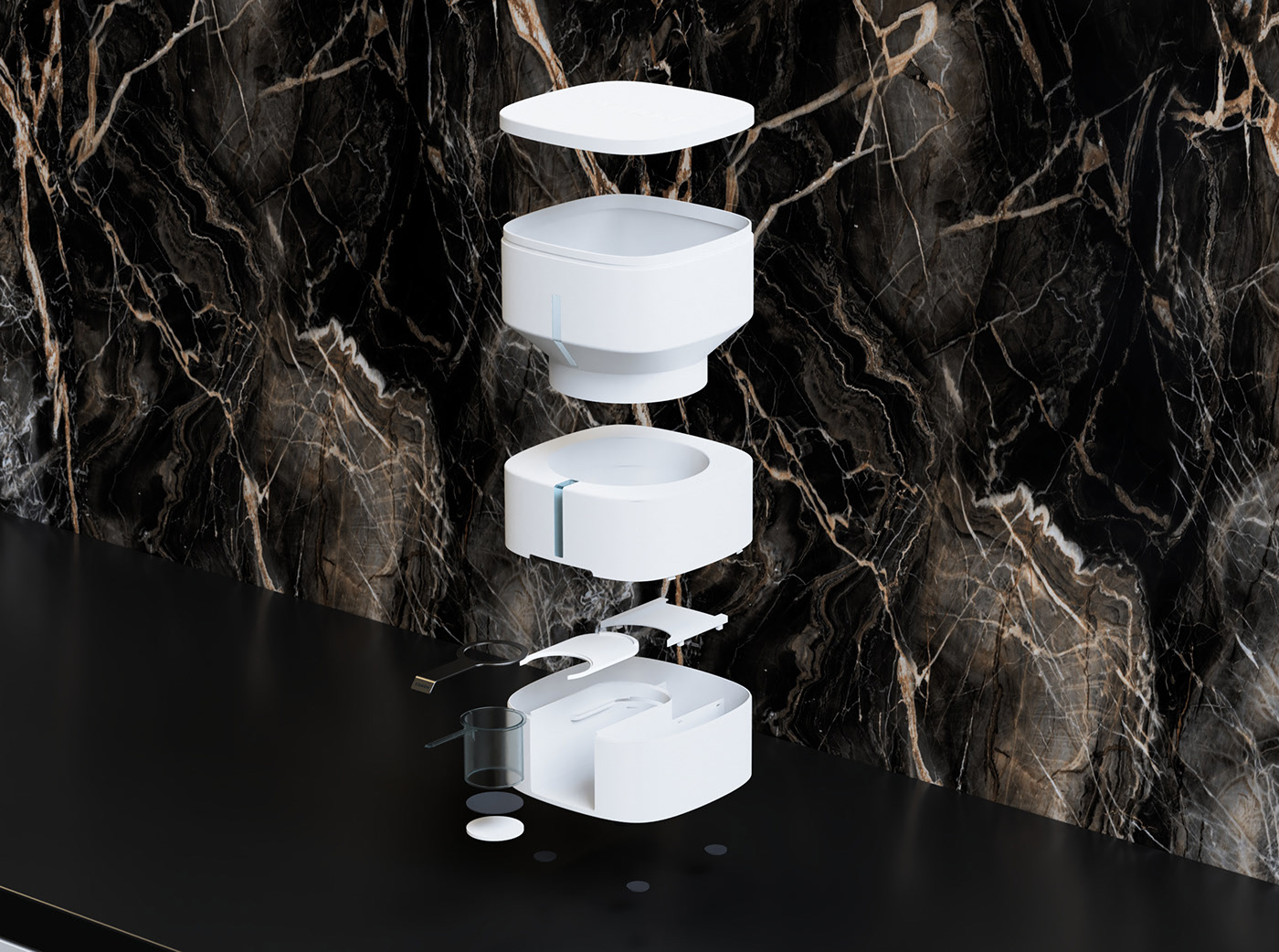 Powder tank，white，Explosion diagram，Simplicity，