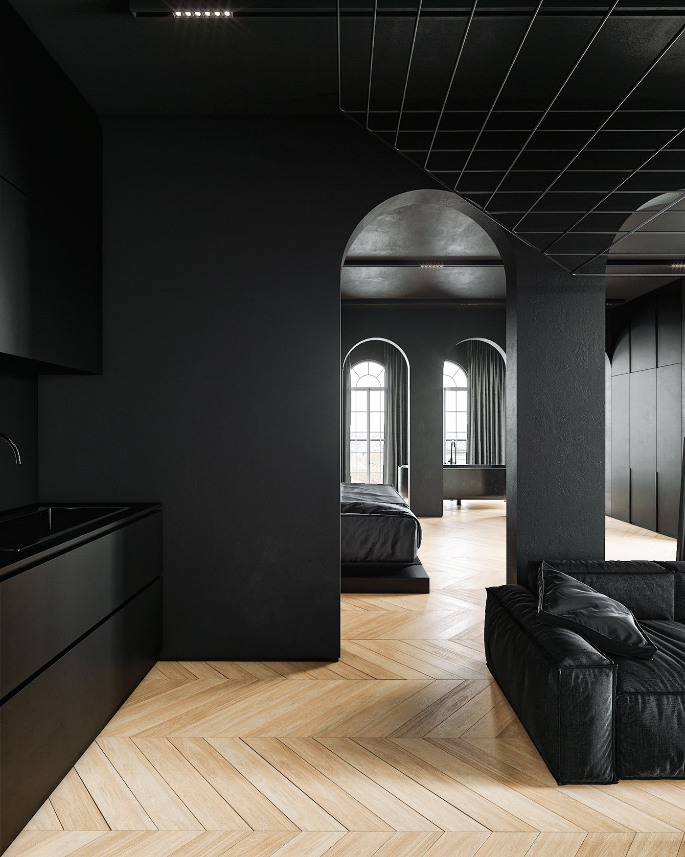 indoor，Dark，modern，apartment，