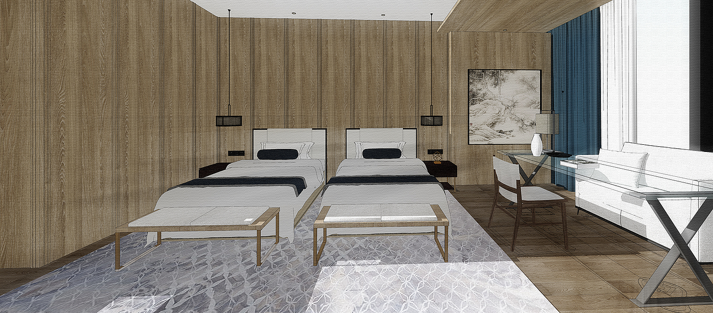 Hotel rooms，New Chinese hotel rooms，New Chinese style guest room，Hotel standard double room，Hotel double room，