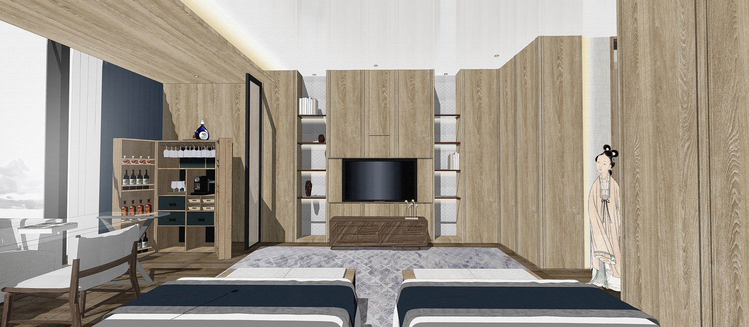 Hotel rooms，New Chinese hotel rooms，New Chinese style guest room，Hotel standard double room，Hotel double room，