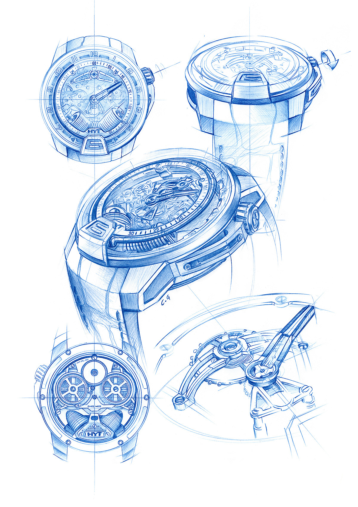 Illustration，Hand drawn，Wrist watch，industrial design，product design，