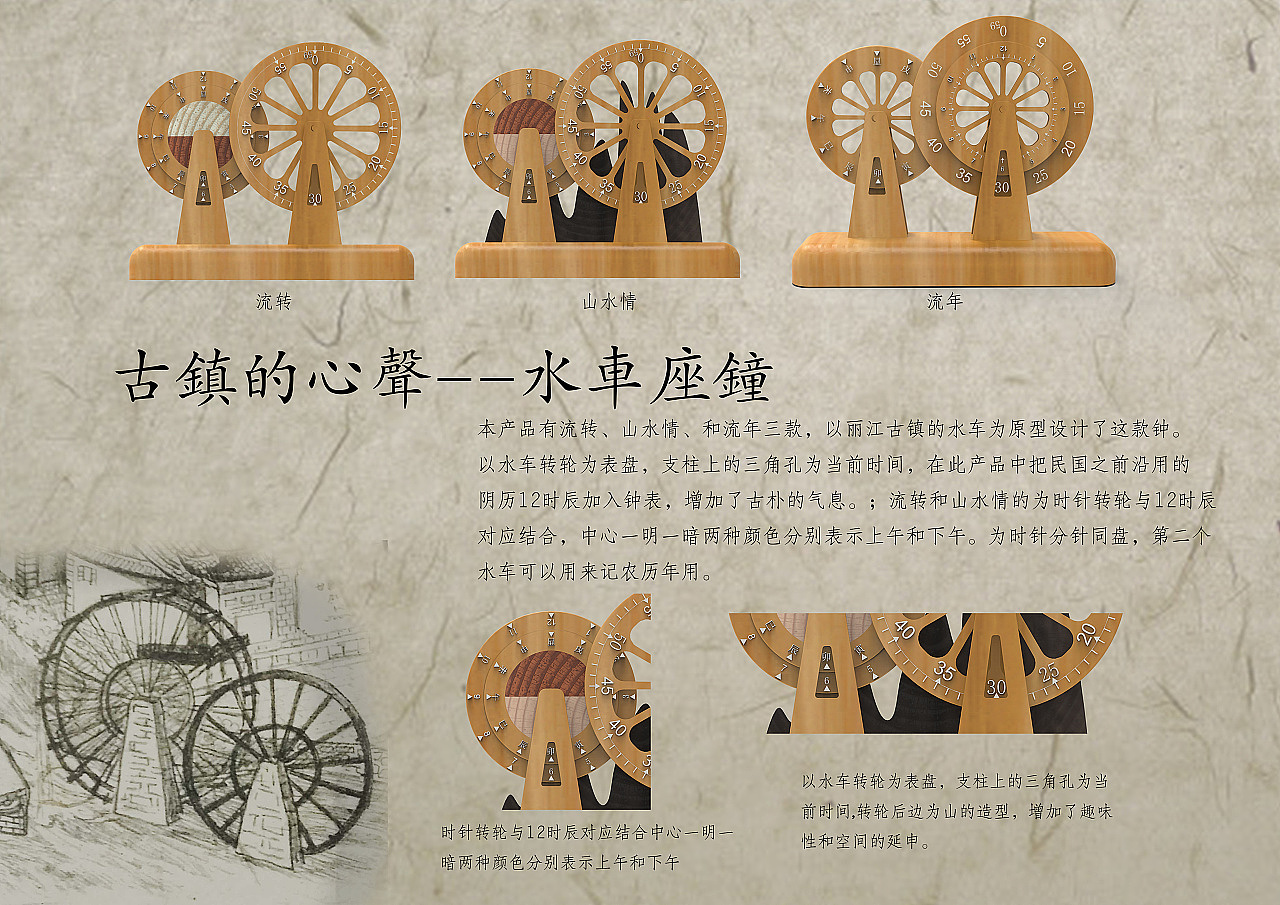 文创，丽江古城，水车，钟表，模块化钟表，