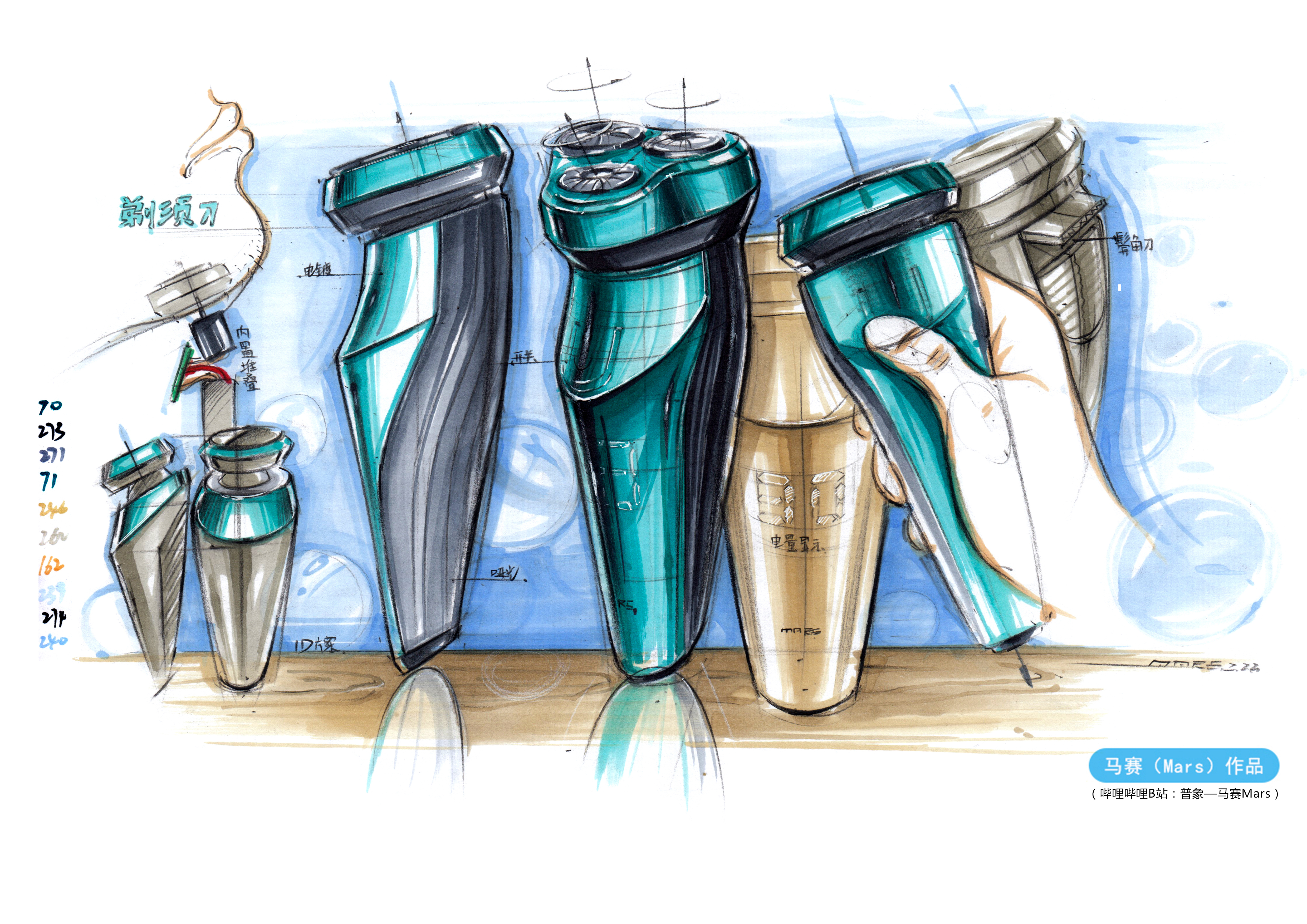 Hand drawn industrial design，Hand drawn product design，Hand drawn design of quick questions for postgraduate entrance examination，razor，glove，Scanner，Multifunctional grinder，