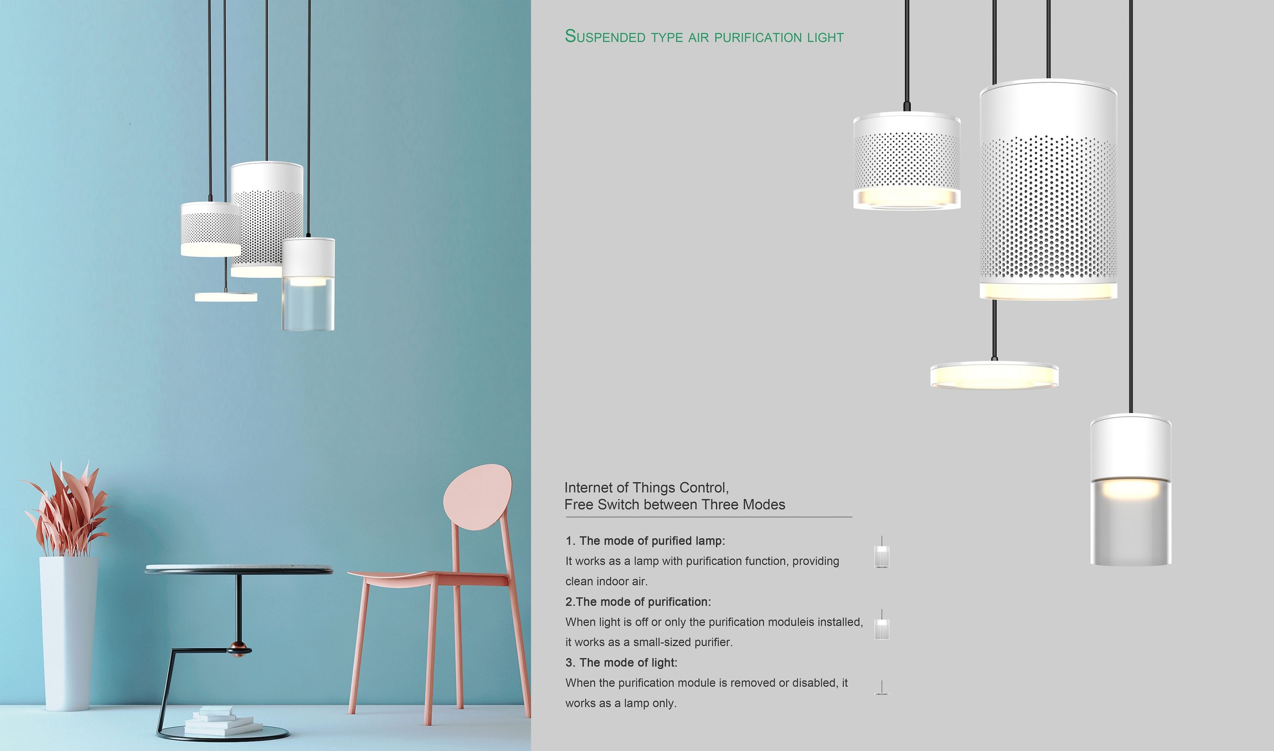 Suspended air purification lamp，light，Air Purification，Suspended Type，2019 red dot design concept award，