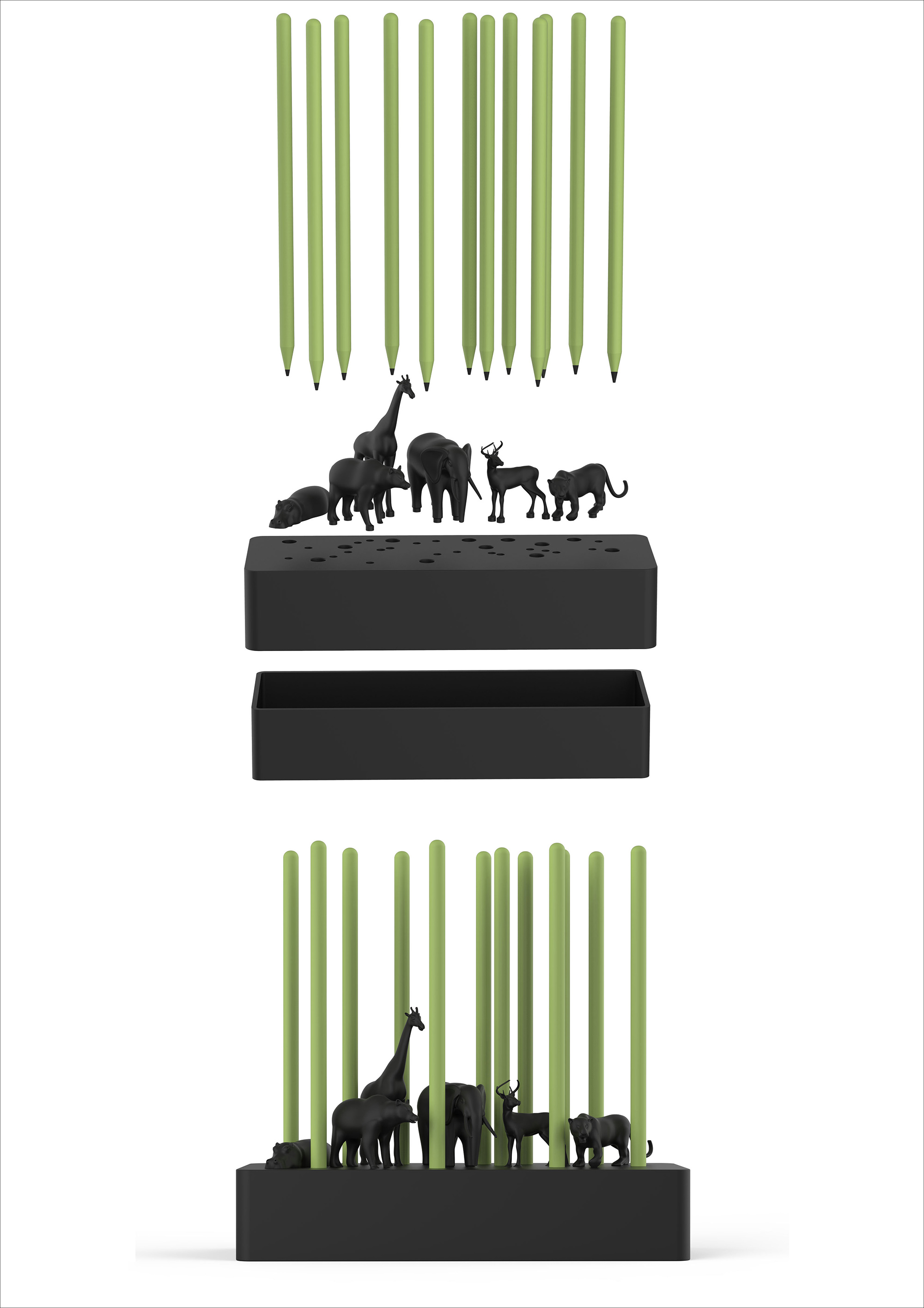 Jungle pen insert，Desktop storage，Tabletop decoration，Forest pen holder，2019 red dot design concept award，animal，