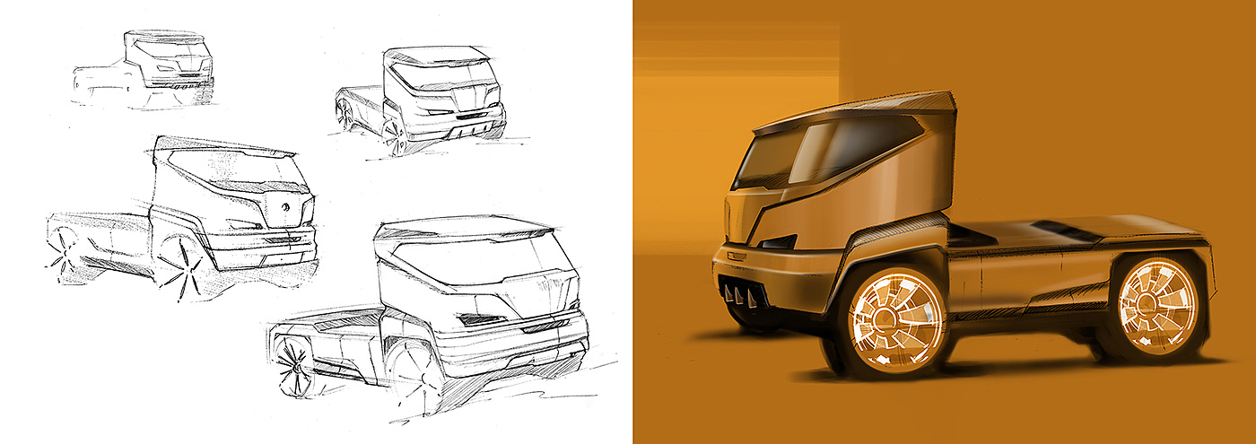 Intelligent technology，industrial design，Truck design，Hand drawn design，design sketch，