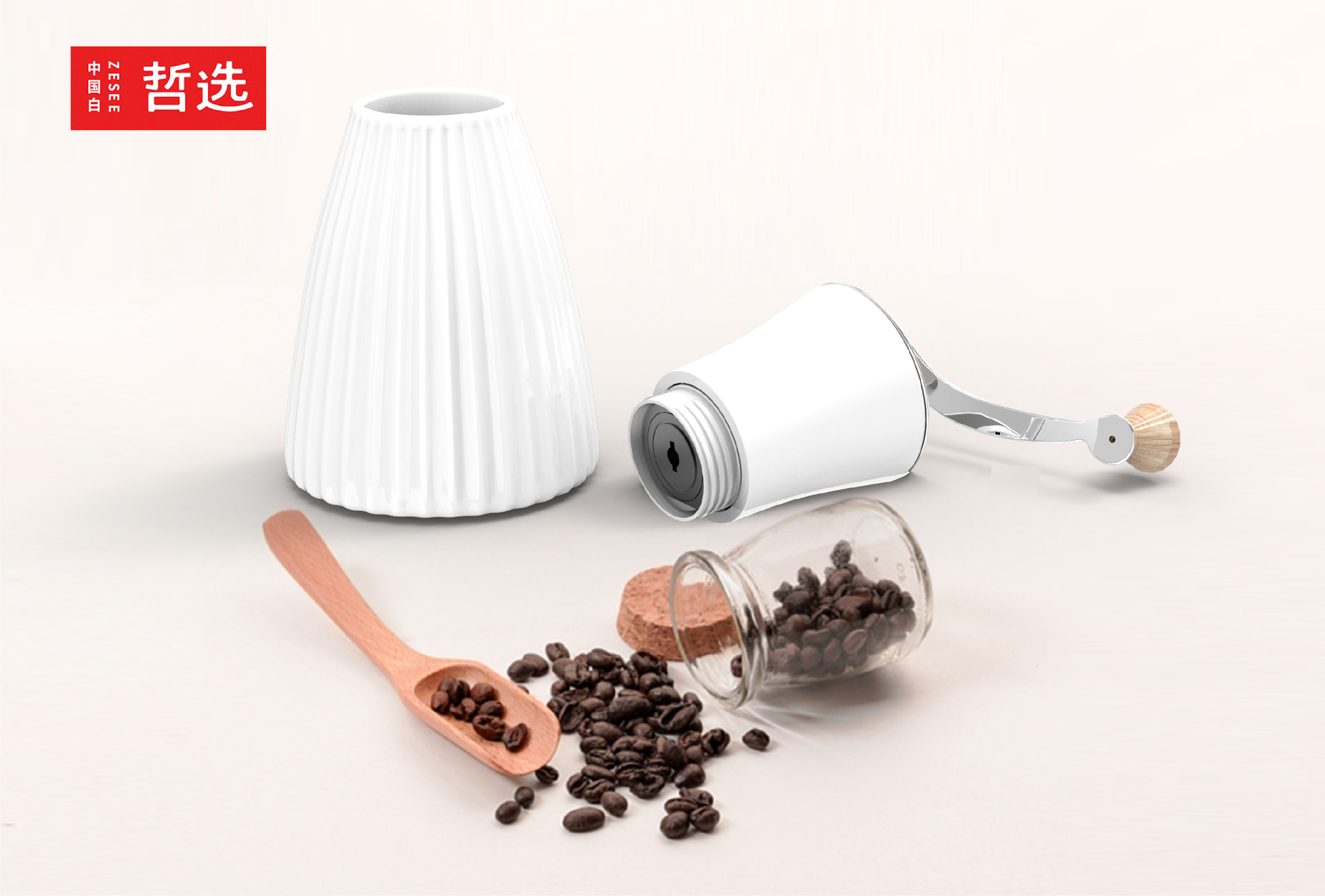 Chinese white，Zhe Xuan，ceramics，product，Design，Coffee，Coffee hand grinder，Simplicity，