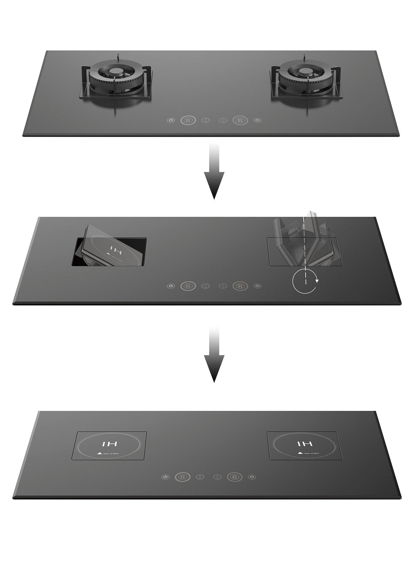 2018 red dot design concept award，Multi in one gas stove，Gas stove，Gas Cooker，Easy to clean，rotate，