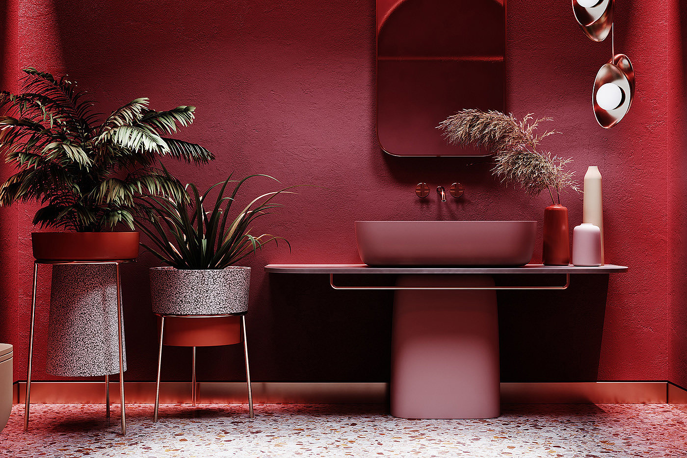 浴室，内部，红色，可视化，极简主义，