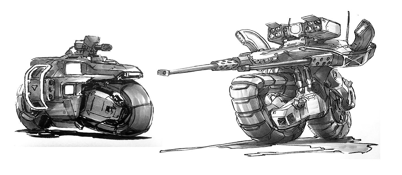 vehicle，conceptual design，sketch，Motorcycle，Tank，highway，