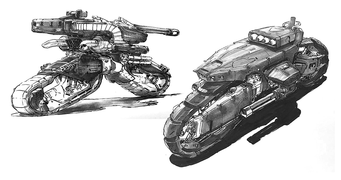 vehicle，conceptual design，sketch，Motorcycle，Tank，highway，
