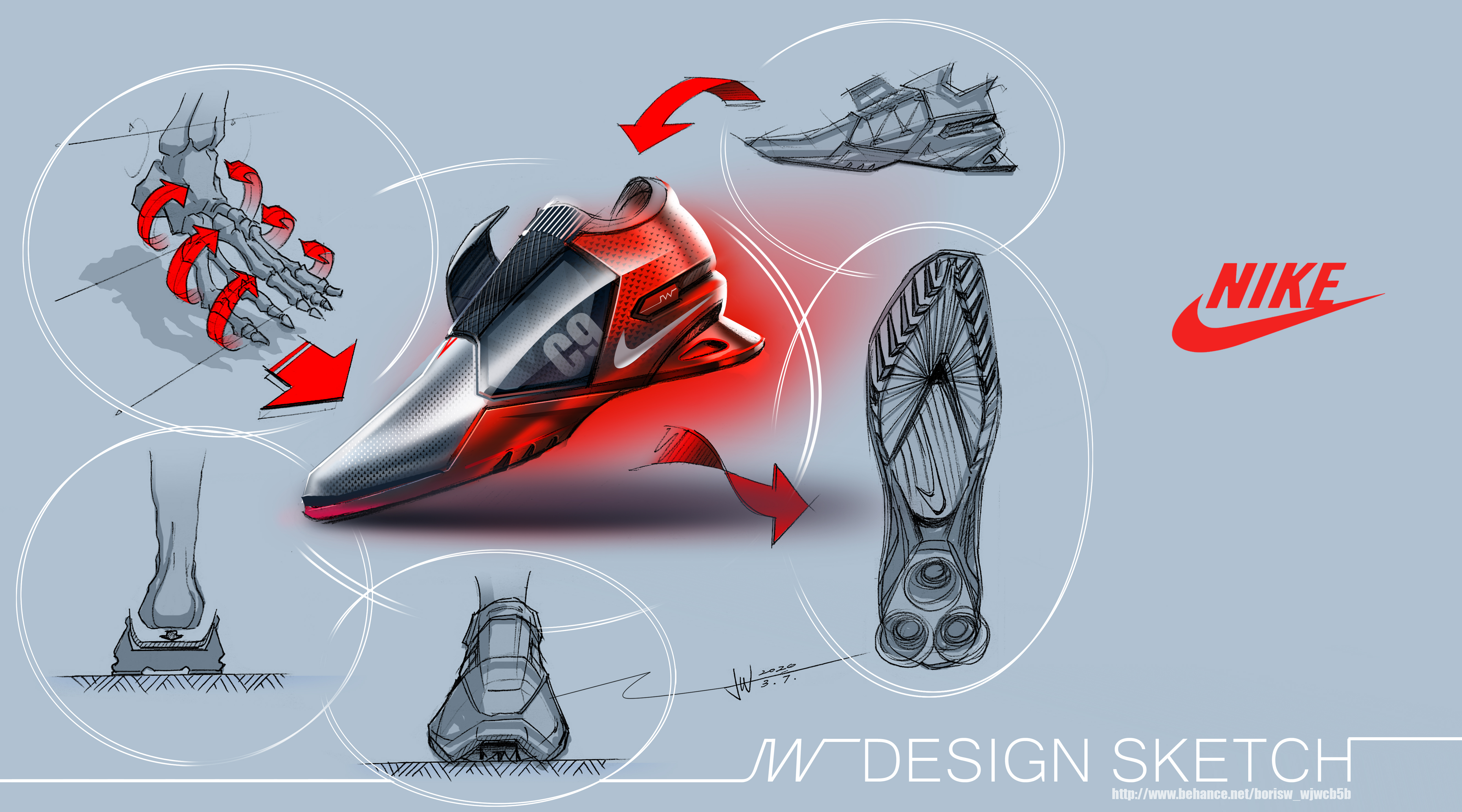 Sports shoes, product design, product hand drawing，