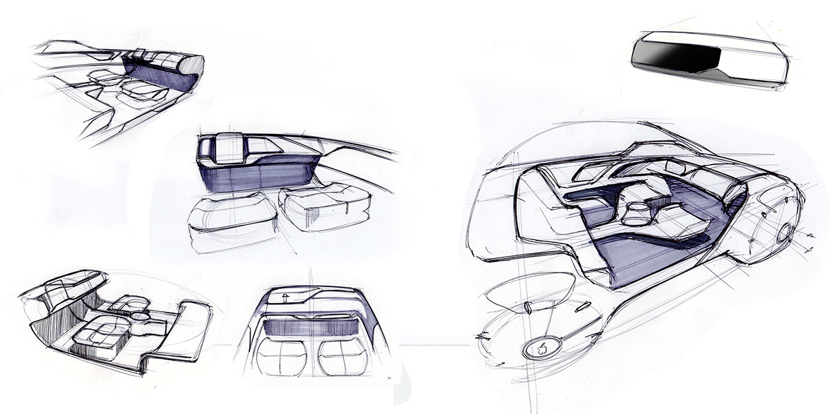 industrial design，product design，Apple brand car creativity，Hand drawn，Design draft，