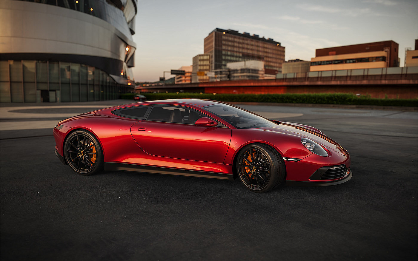 Sports car，Porsche，Render，conceptual design，gules，