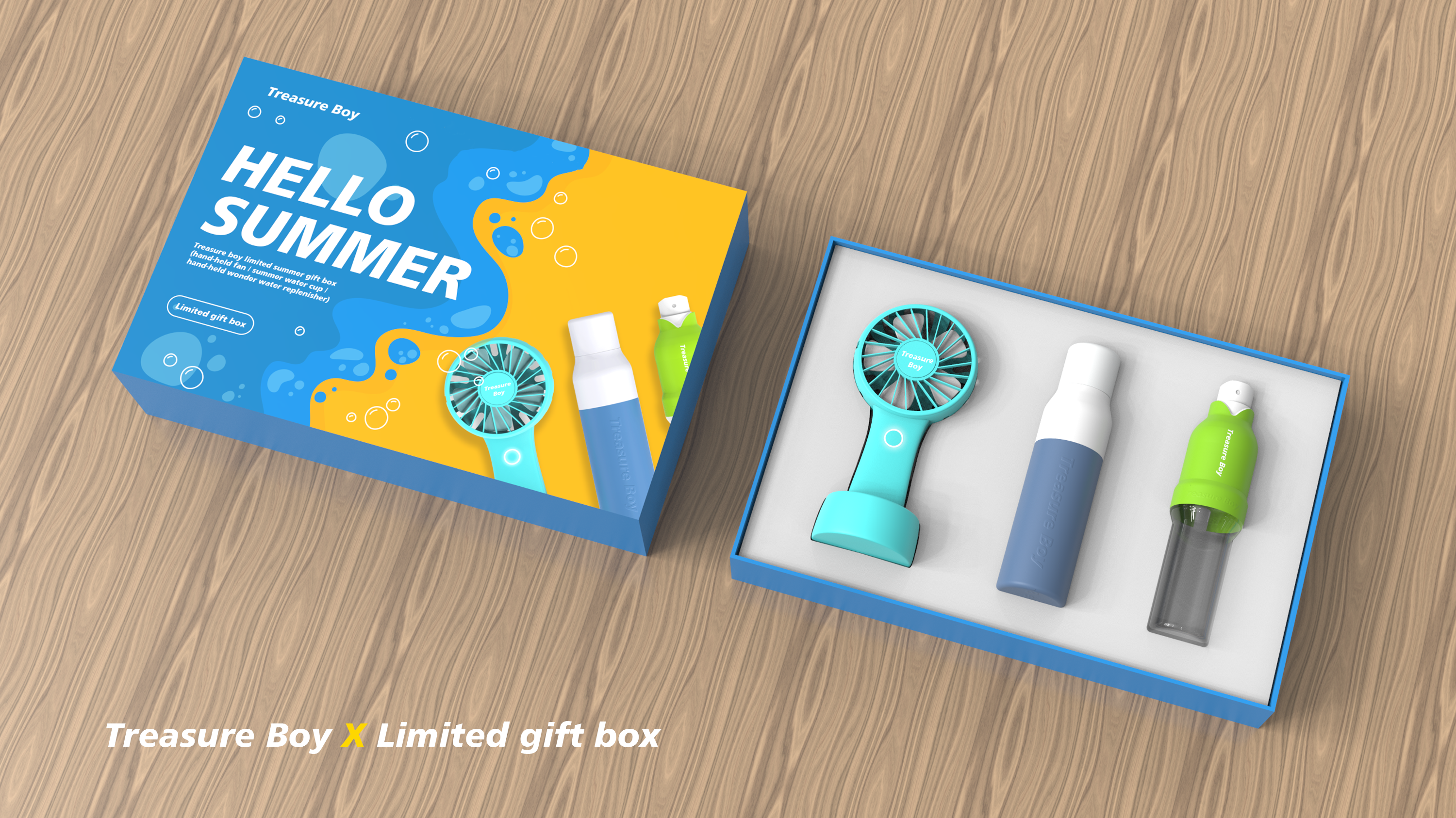 Summer，Gift box，Fan，Water cup，Water replenishing instrument，packing，product，keyshot，