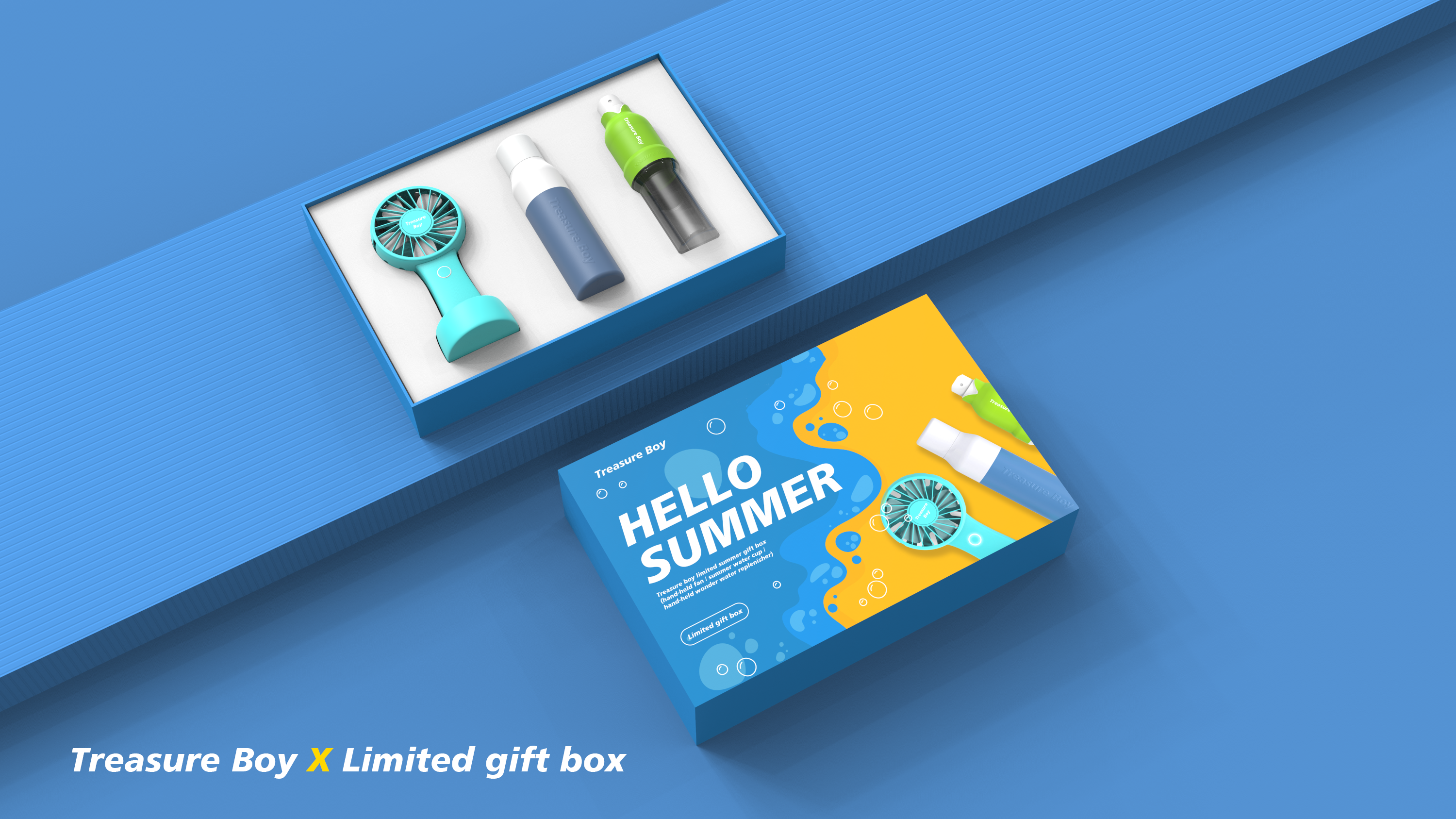 Summer，Gift box，Fan，Water cup，Water replenishing instrument，packing，product，keyshot，