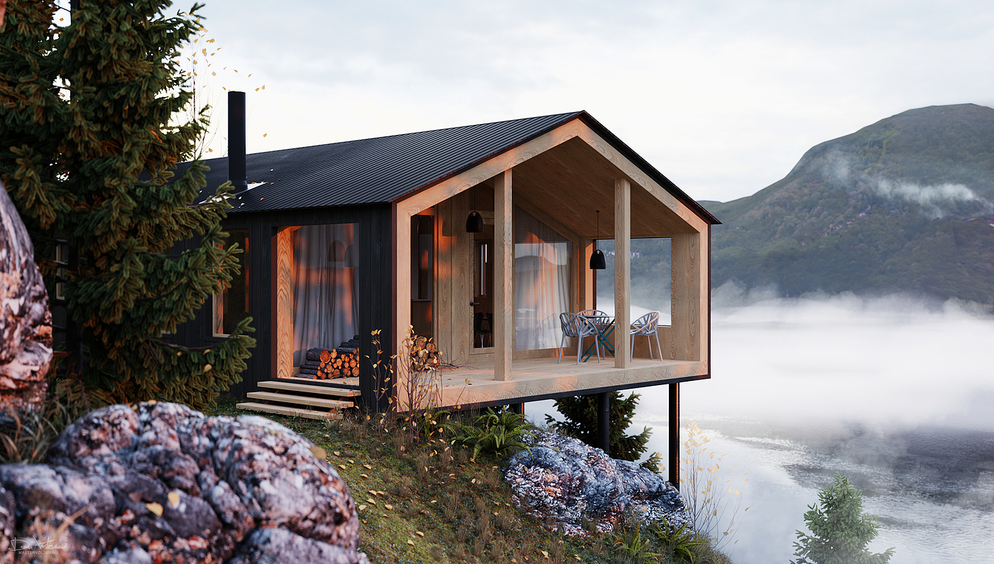 mountain top，FJORD，Wooden house，