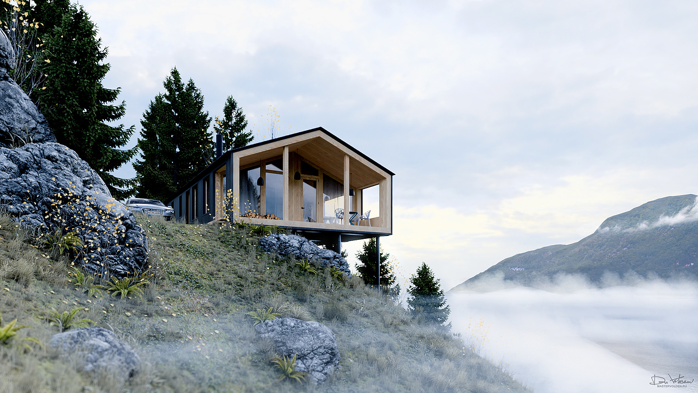 mountain top，FJORD，Wooden house，