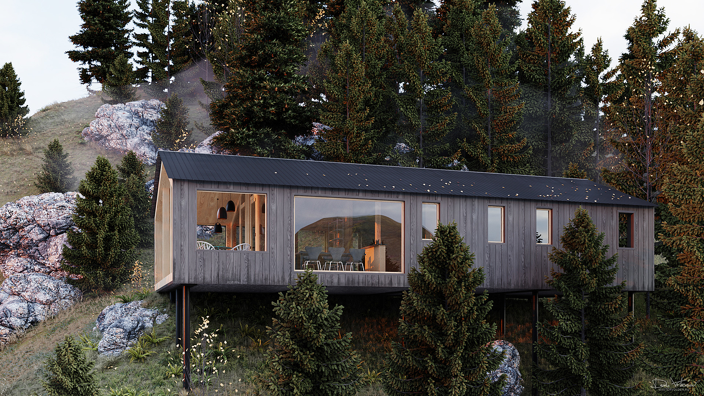 mountain top，FJORD，Wooden house，