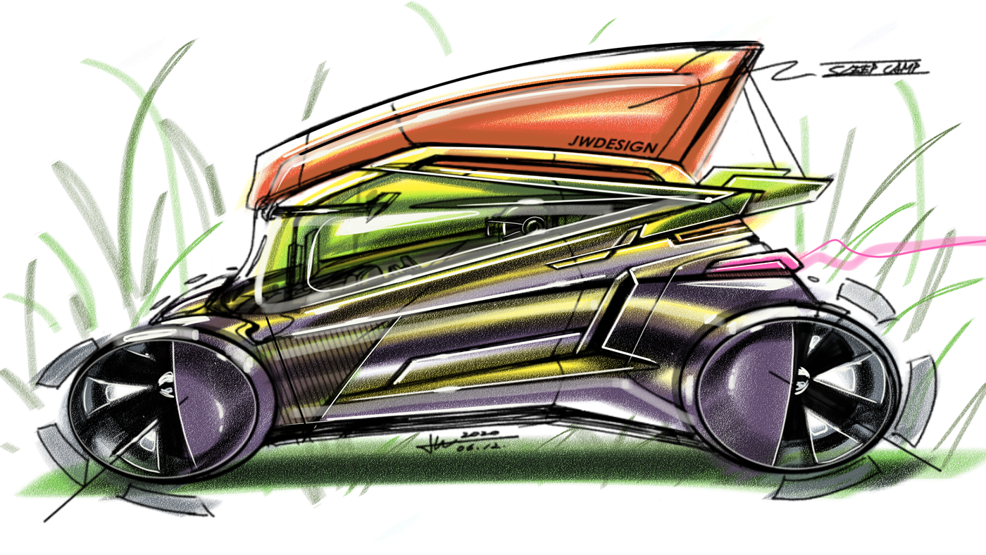 Design hand drawn，Hand drawn products，product design，conceptual design，Mark pen coloring，Video tutorial，industrial design，vehicle，